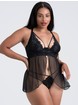 Lovehoney Blue Belle Lace Front-Fastening Underwired Babydoll Set, Black, hi-res