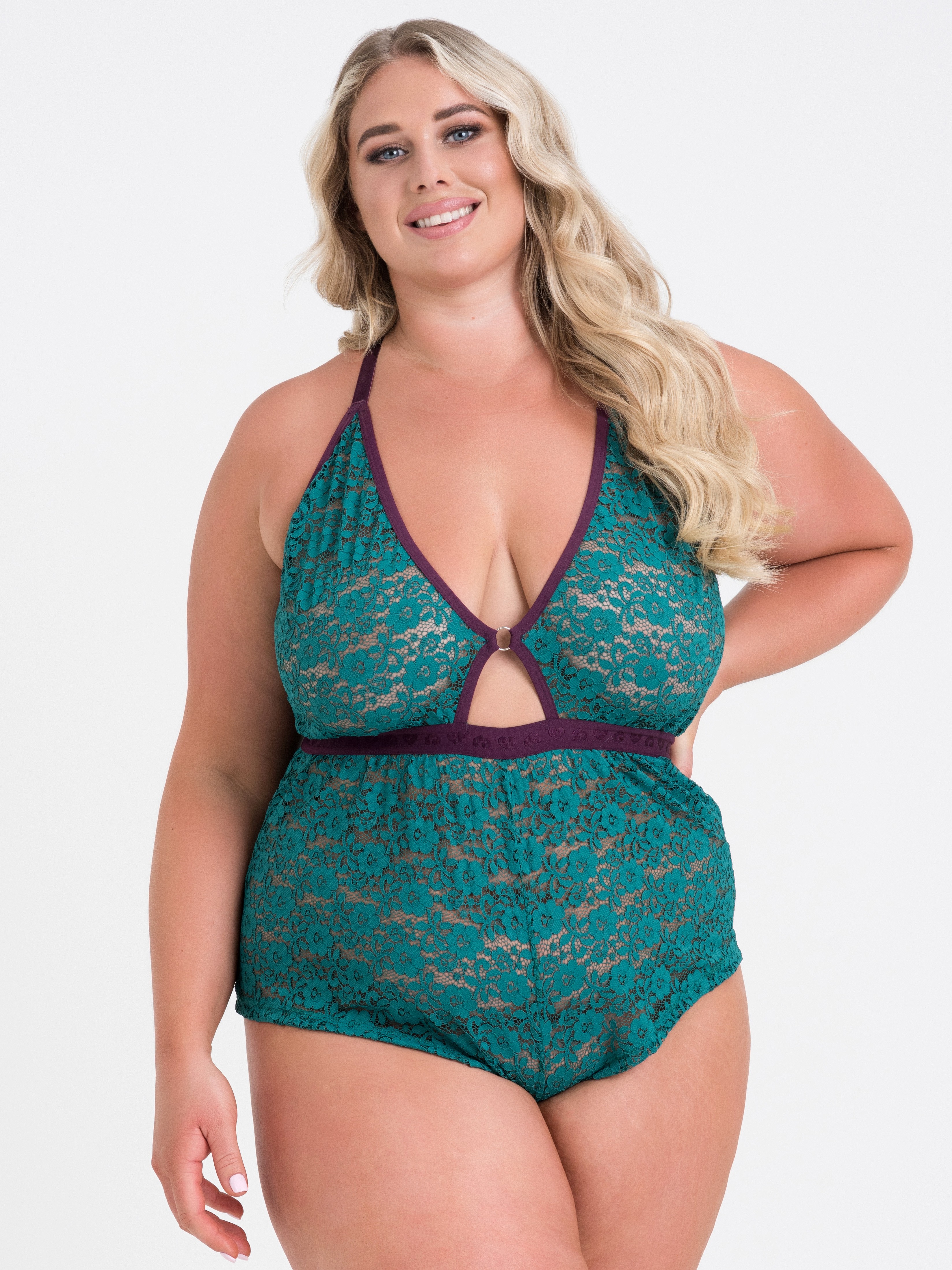 Lovehoney Mindful Black Lace Plunging Teddy, Green, hi-res