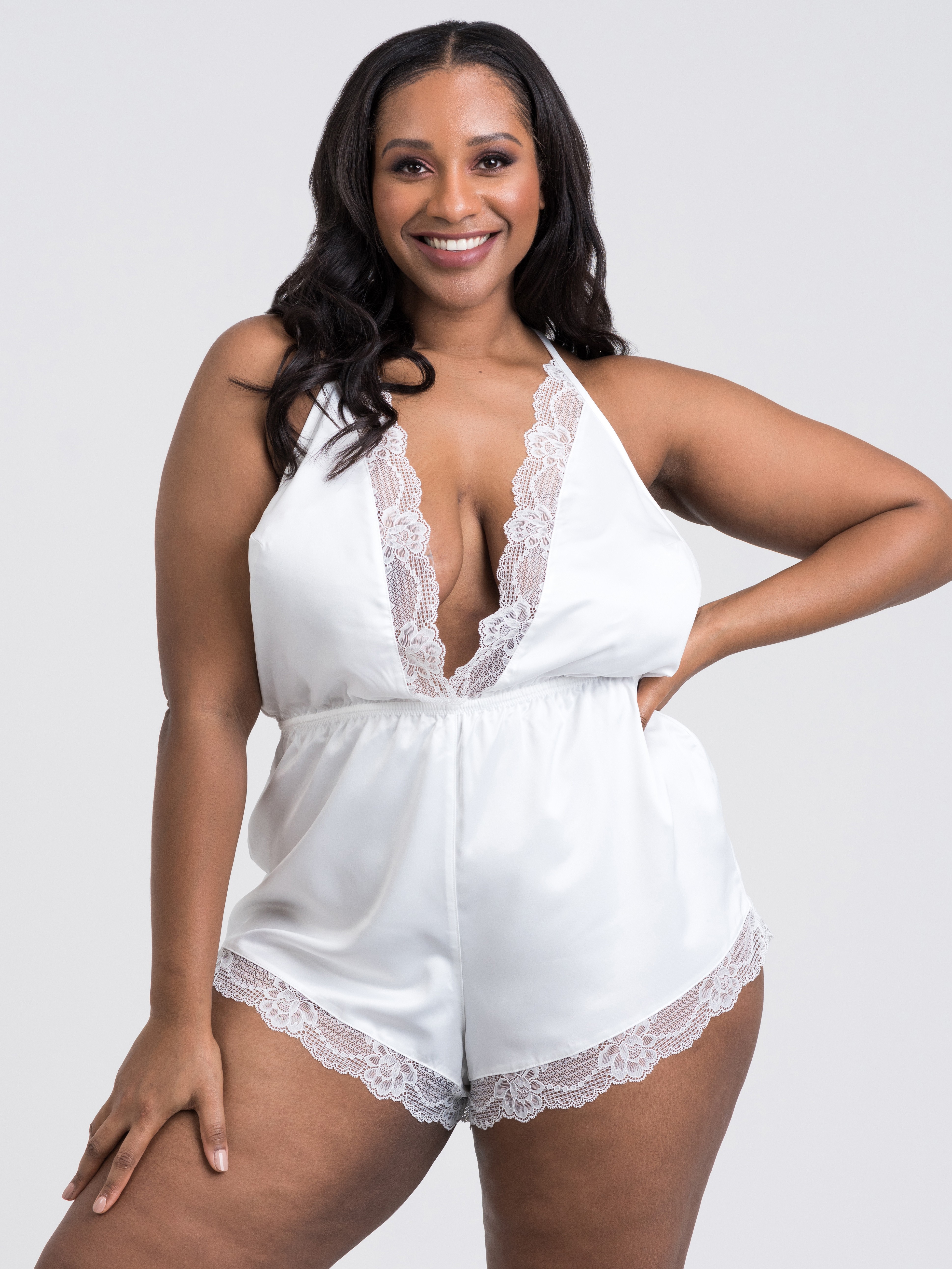 Lovehoney Jewel Satin Black Plunging Teddy, White, hi-res