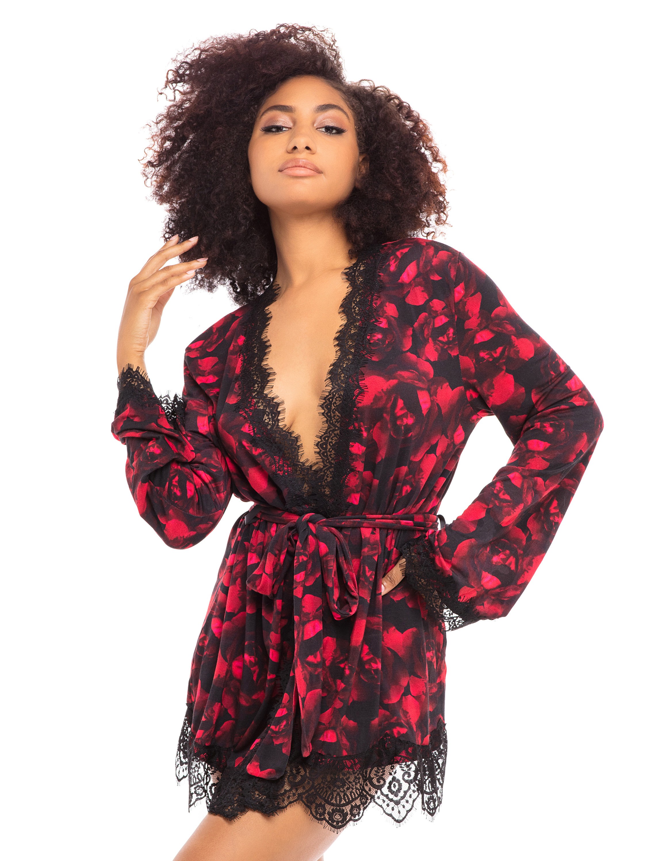 Oh La La Cheri Black Rose Print Lace Trim Robe, Black, hi-res