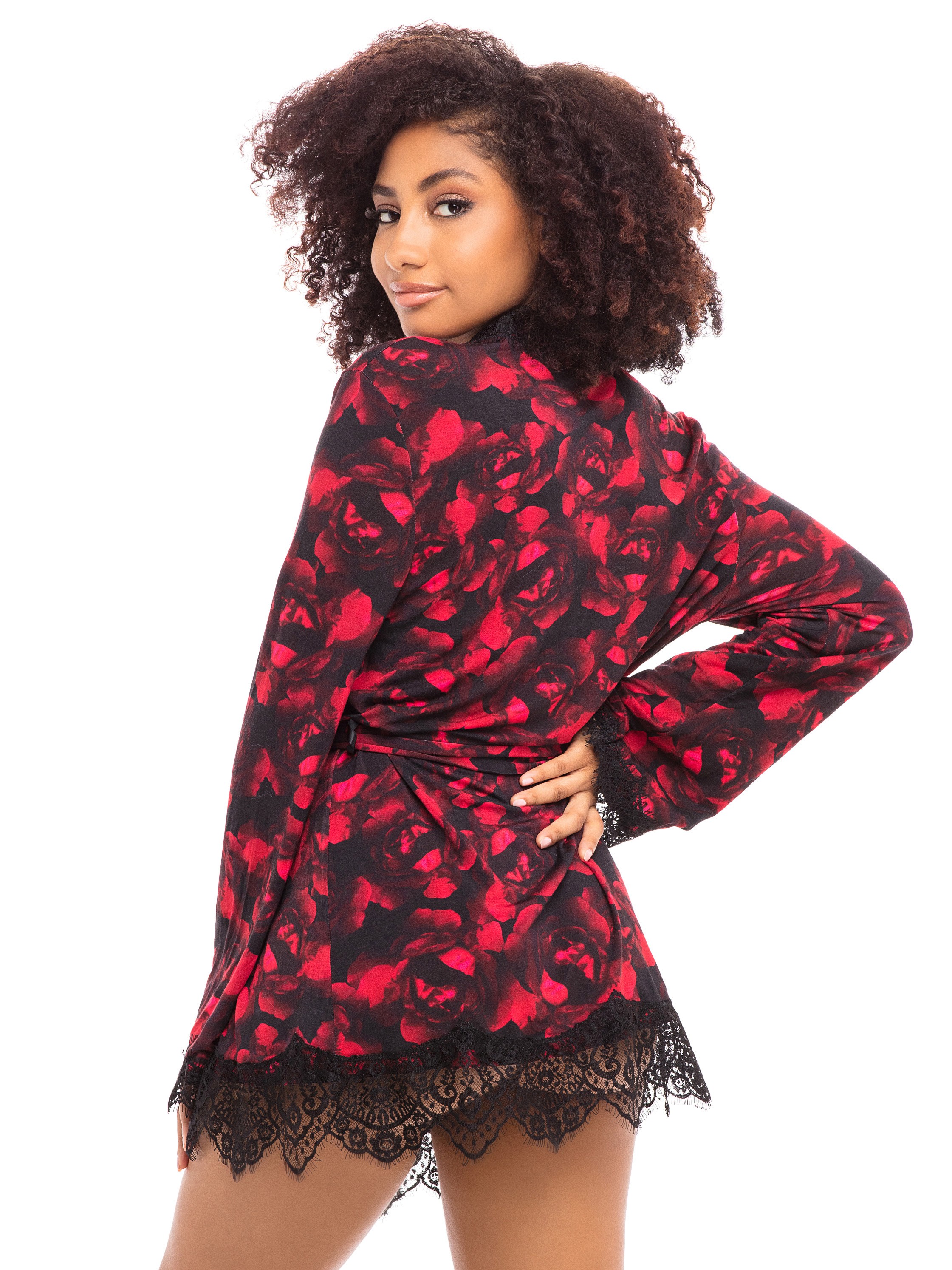 Oh La La Cheri Black Rose Print Lace Trim Robe, Black, hi-res
