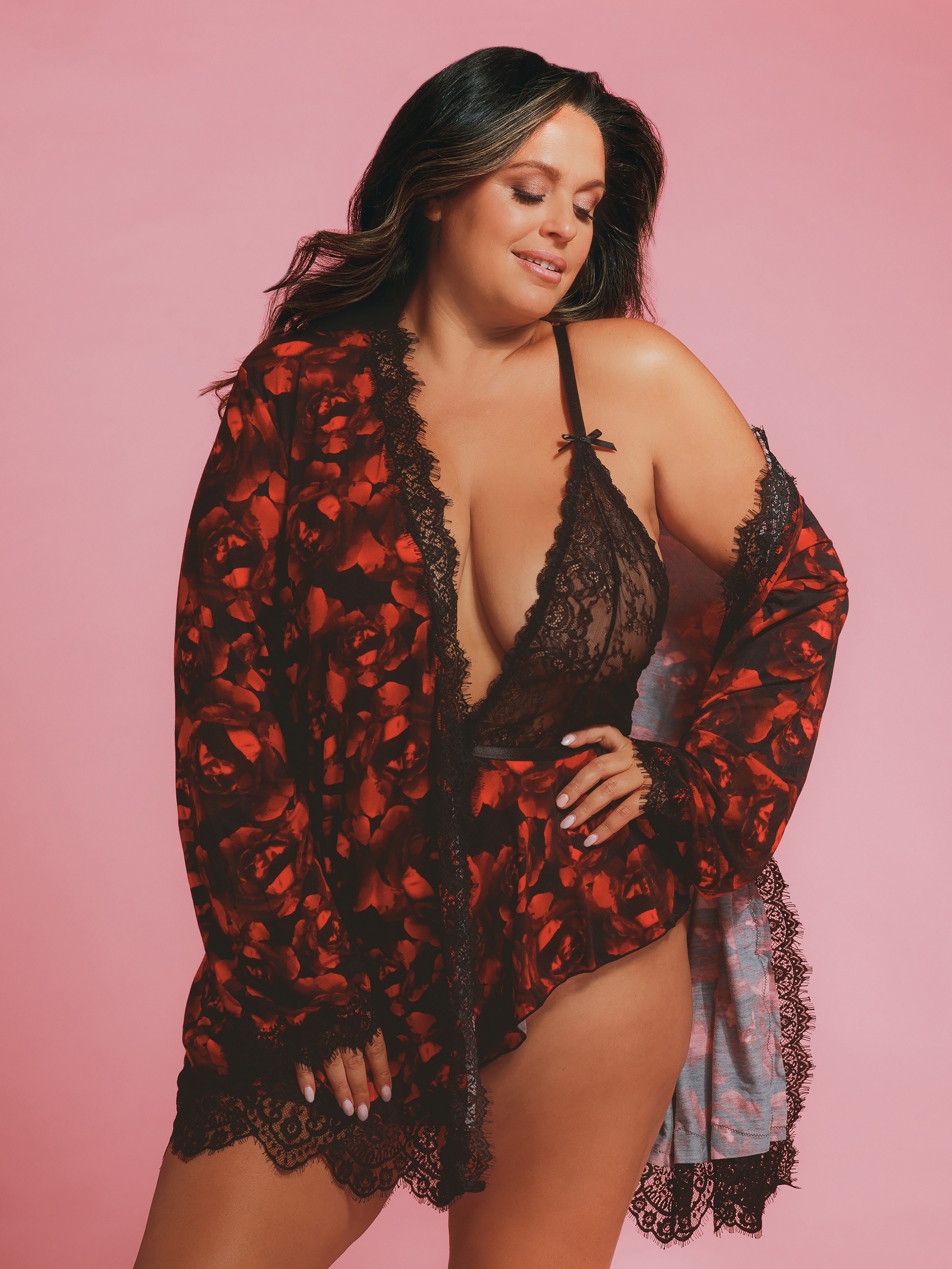 Oh La La Cheri Black Rose Print Lace Trim Robe, Black, hi-res