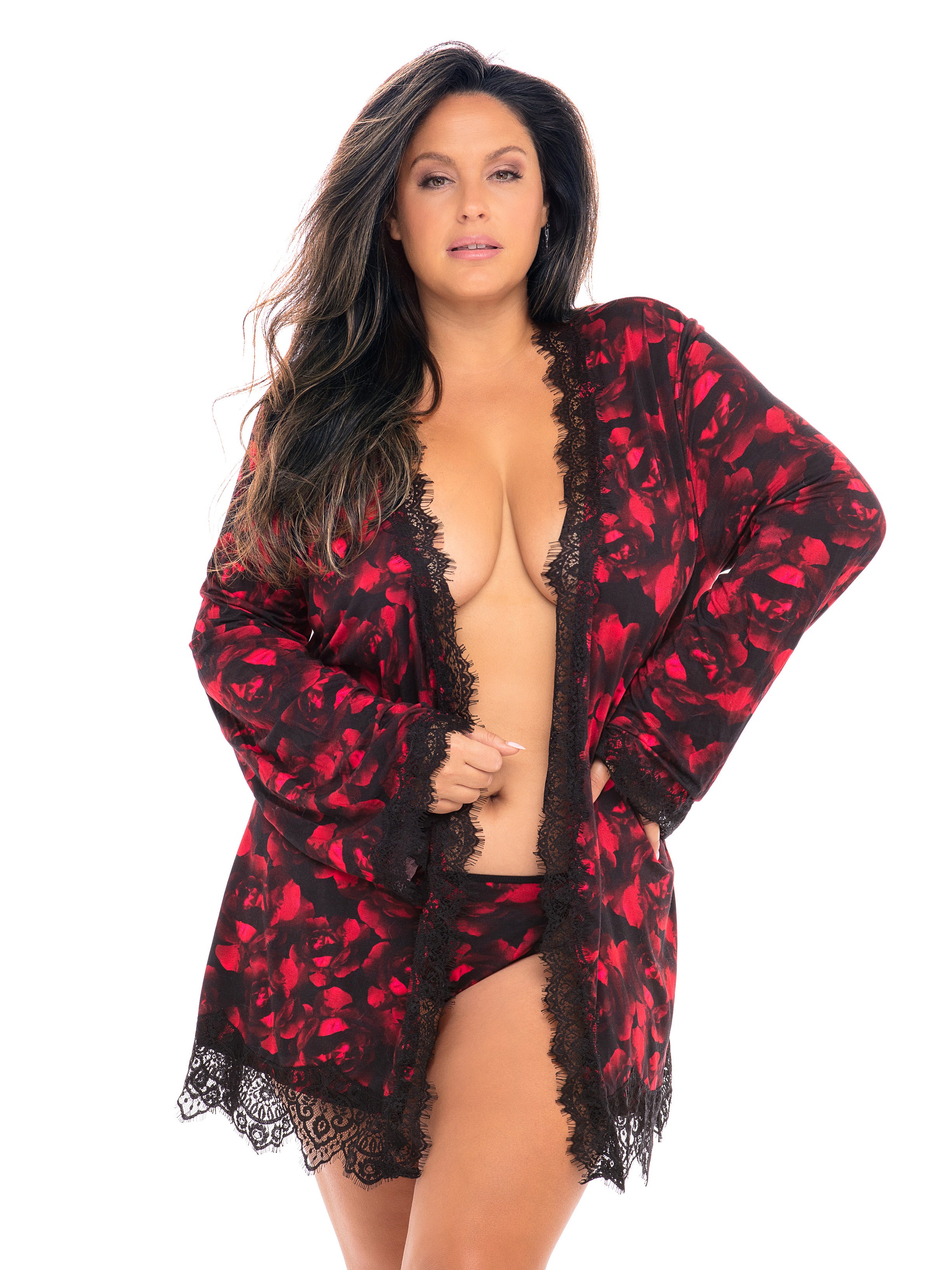 Oh La La Cheri Black Rose Print Lace Trim Robe, Black, hi-res
