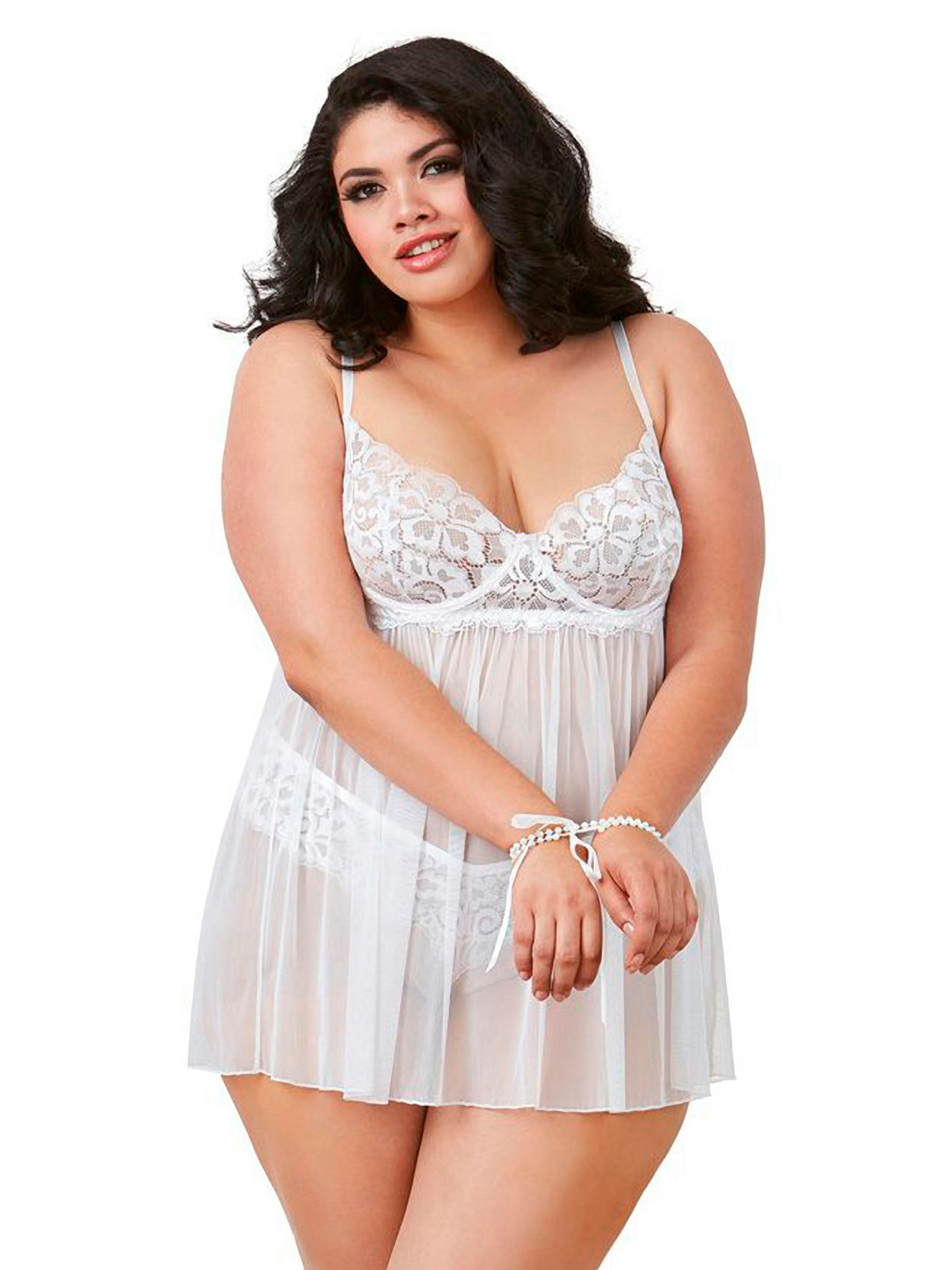 Dreamgirl White Lace Babydoll and Pearl Thong Set, White, hi-res