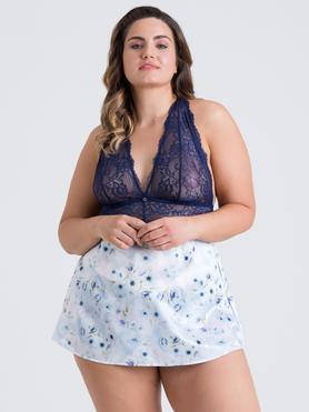 Lovehoney Plus Size Watercolor Blue Lace and Floral Satin Babydoll Set