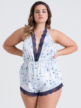 Lovehoney Plus Size Watercolour Blue Lace and Floral Satin Teddy