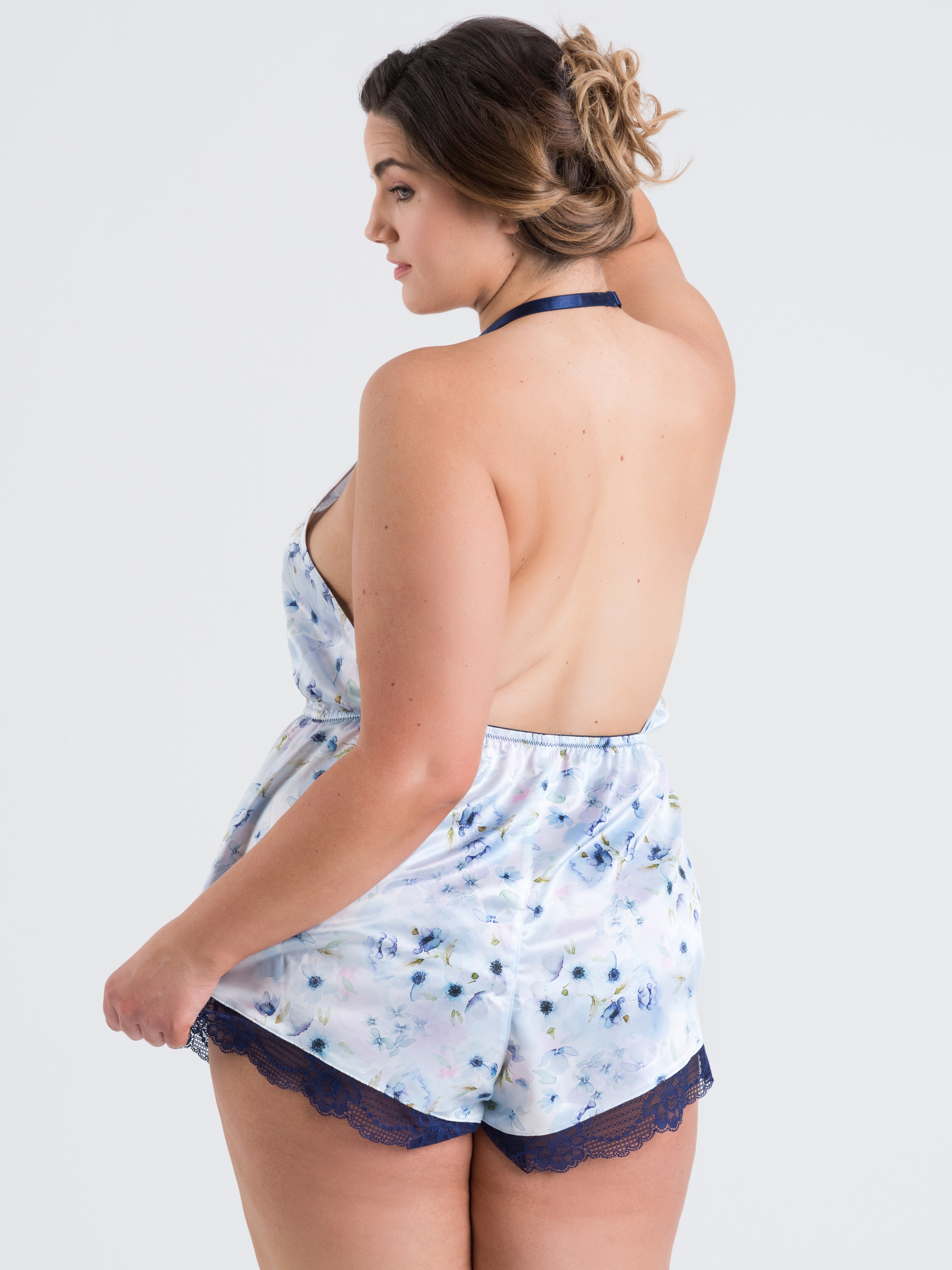 Lovehoney Watercolor Blue Lace and Floral Satin Teddy, Blue, hi-res