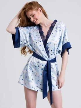Lovehoney Watercolour Blue Lace and Floral Satin Robe