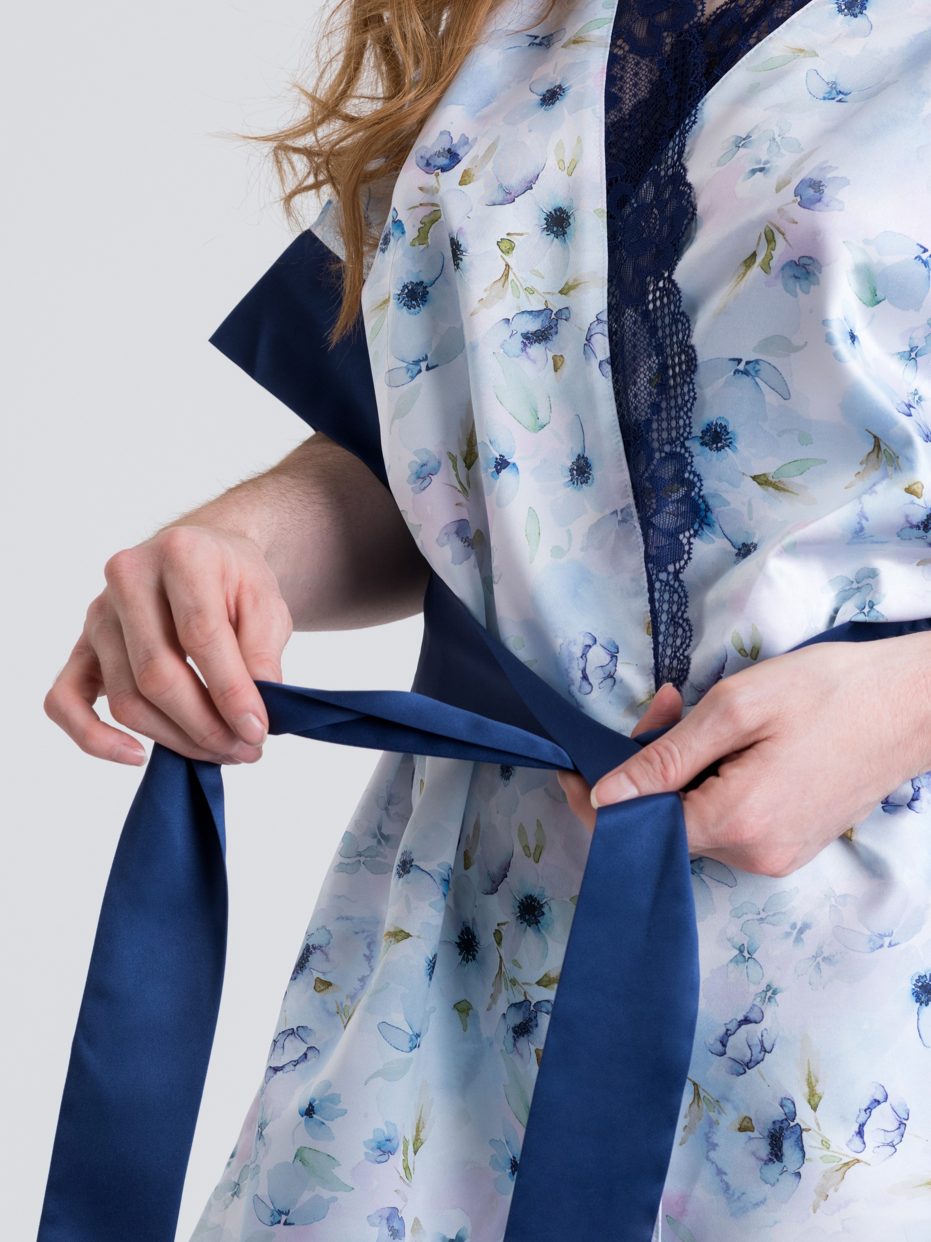 Lovehoney Watercolour Blue Lace and Floral Satin Robe, Blue, hi-res