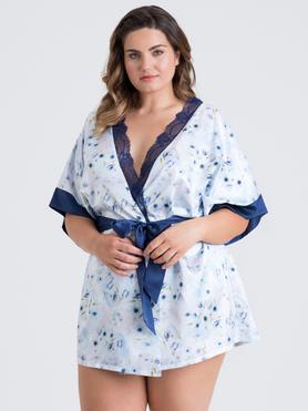 Lovehoney Plus Size Watercolour Blue Lace and Floral Satin Robe