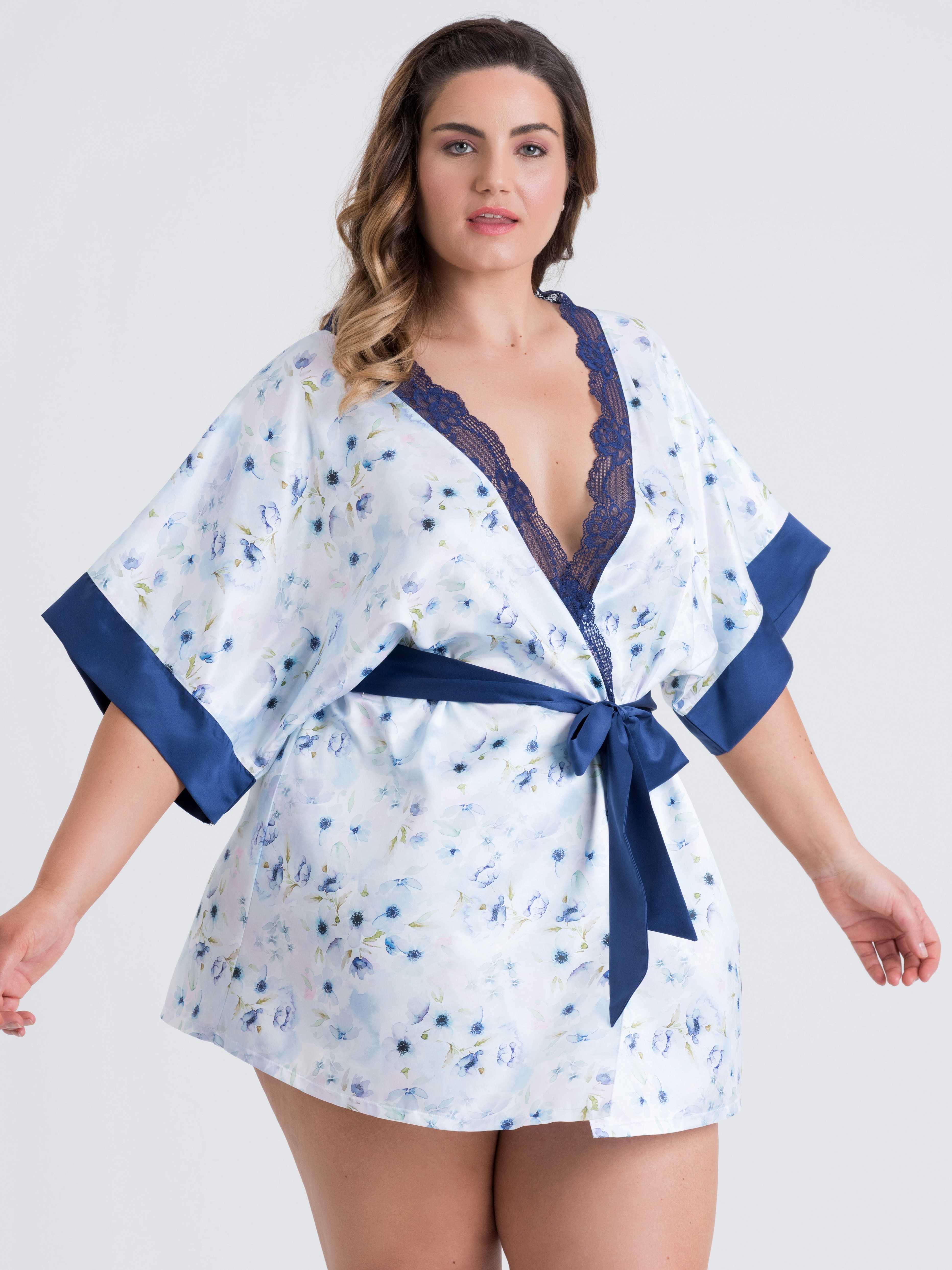 Lovehoney Watercolour Blue Lace and Floral Satin Robe, Blue, hi-res