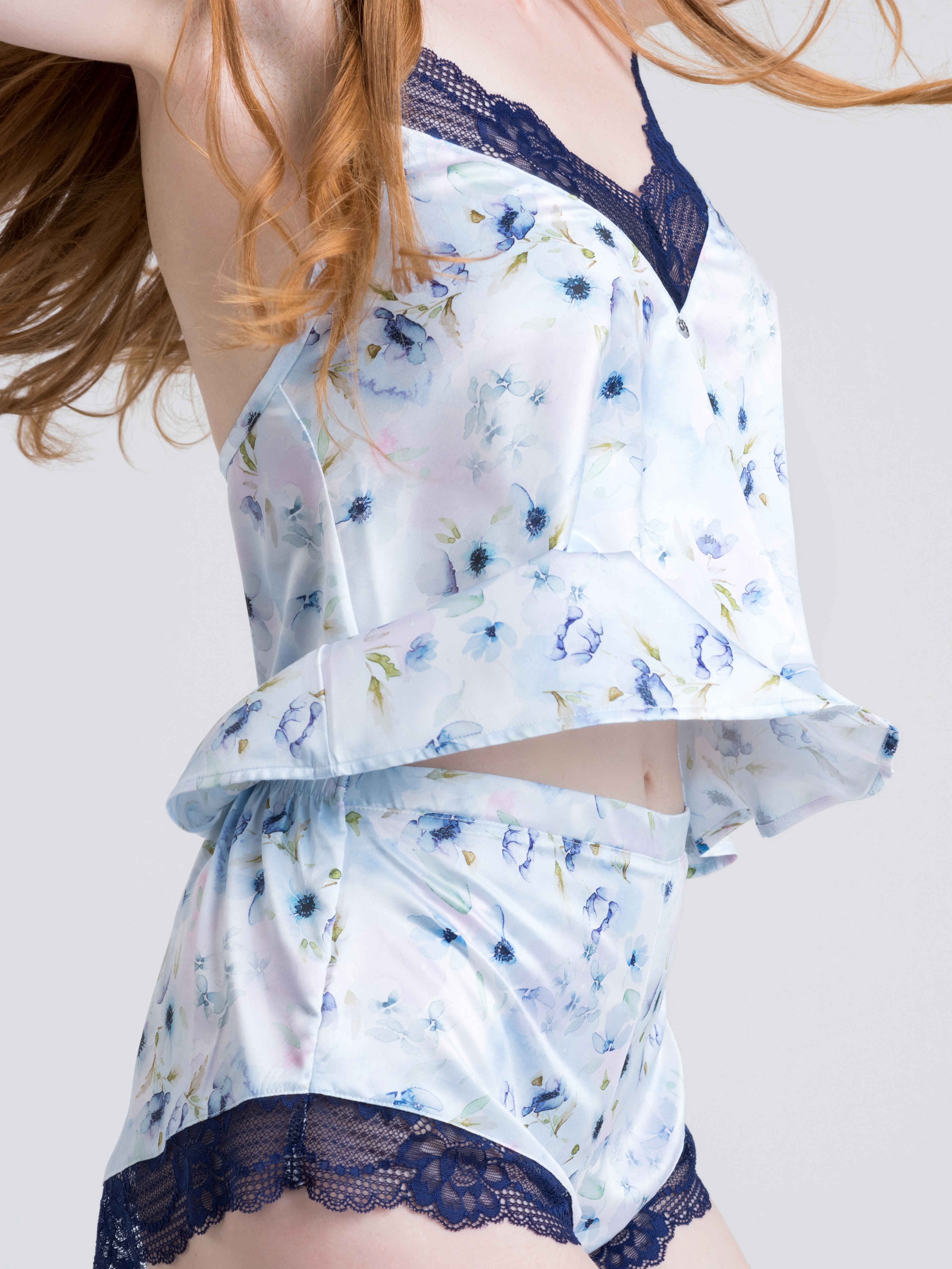 Lovehoney Watercolour Blue Lace and Floral Satin Cami Set, Blue, hi-res