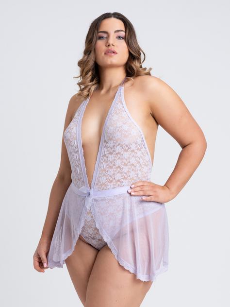 Lovehoney Plus Size Peony Lilac Sheer Mesh and Lace Crotchless Teddy, Purple, hi-res