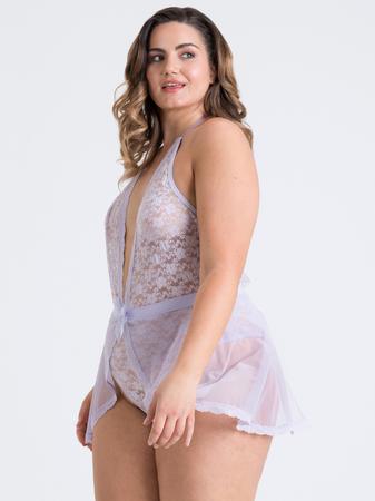 Lovehoney Plus Size Peony Lilac Sheer Mesh and Lace Crotchless Teddy