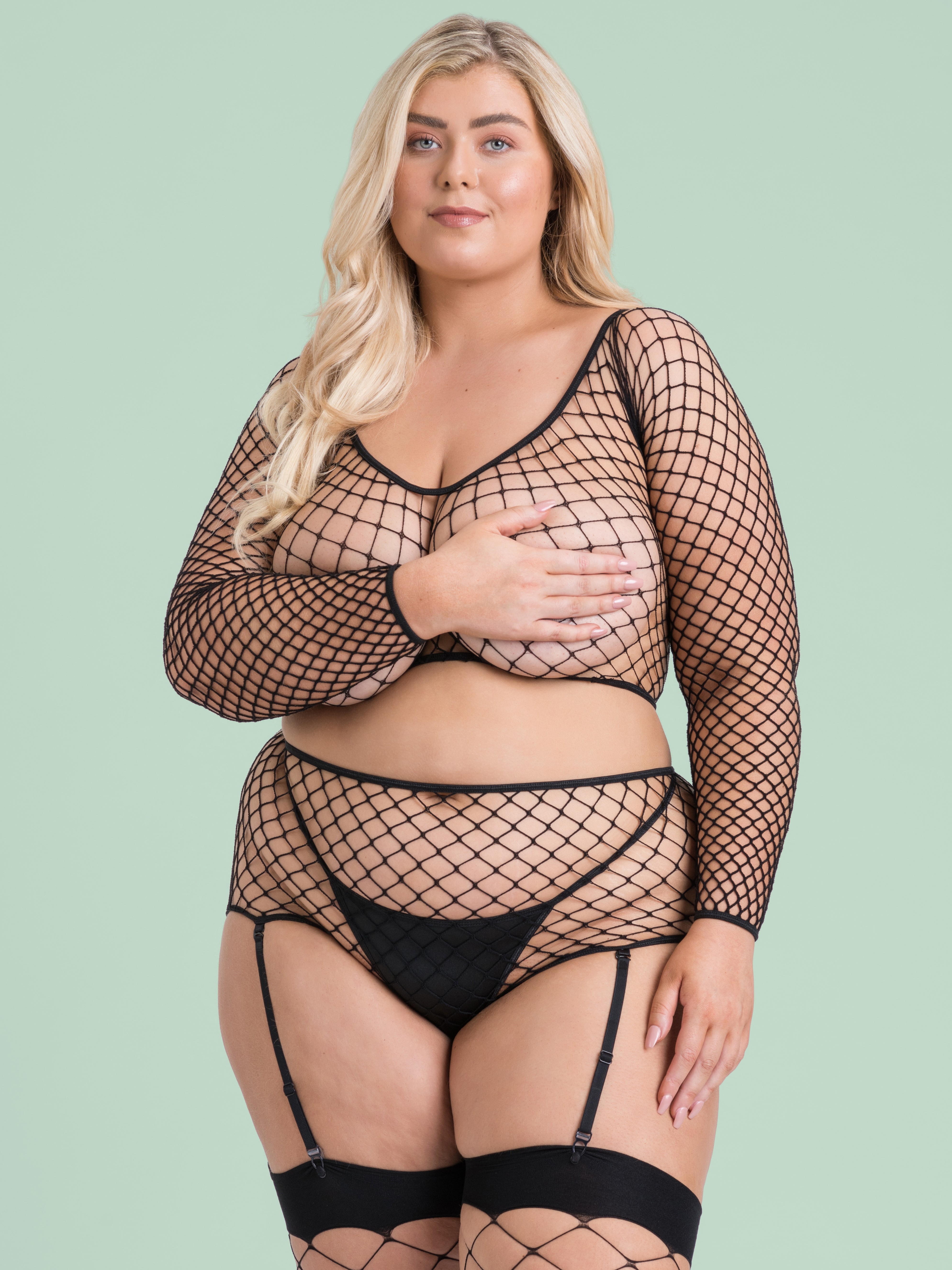 Lovehoney Mindful ECONYL&reg; Fishnet Long Sleeve Top, Black, hi-res