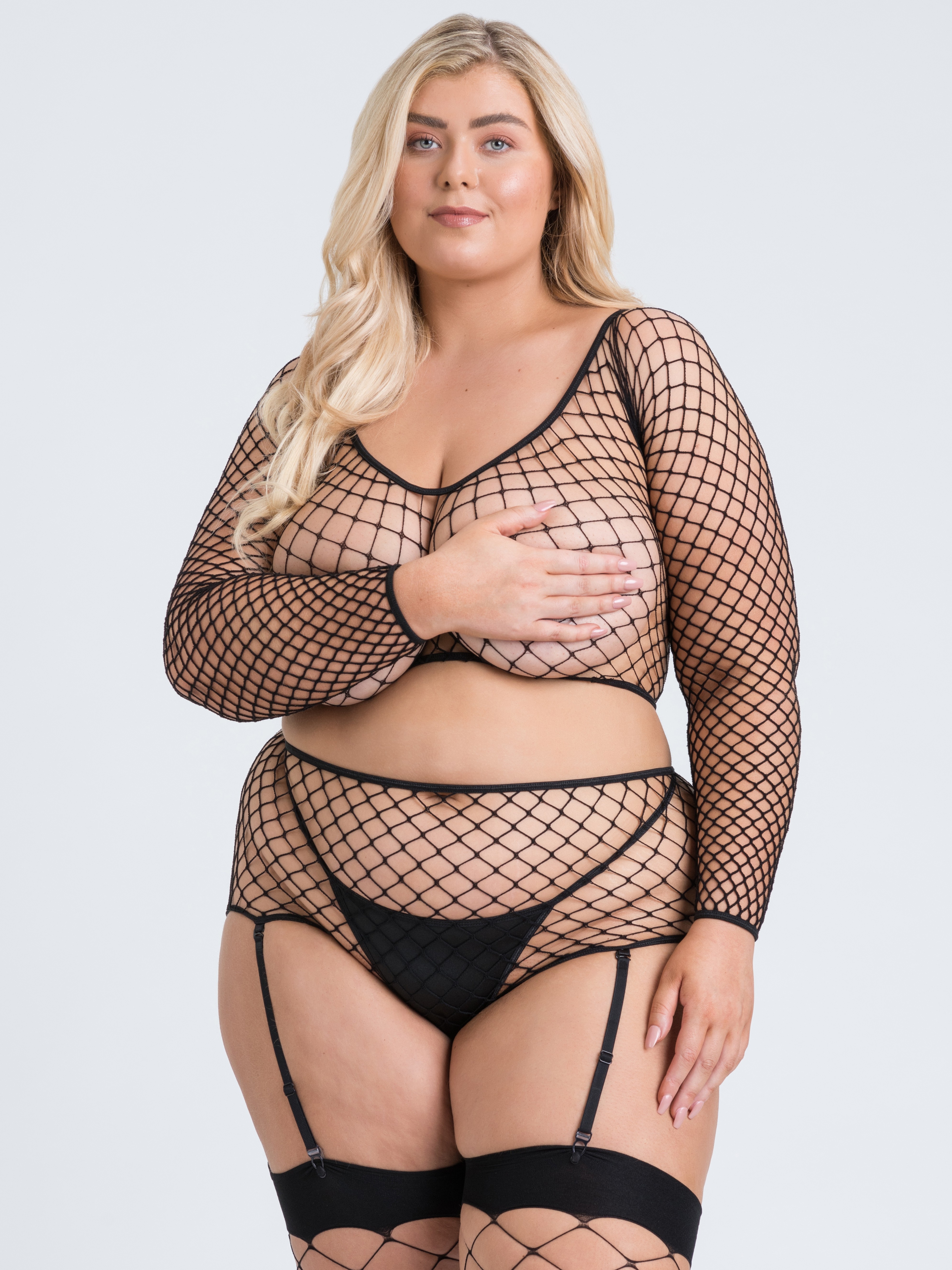 Lovehoney Mindful ECONYL&reg; Fishnet Long Sleeve Top, Black, hi-res