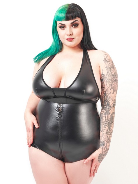 Brand X Plus Size Playtime PVC Wet Look Front Zipper Teddy , Black, hi-res