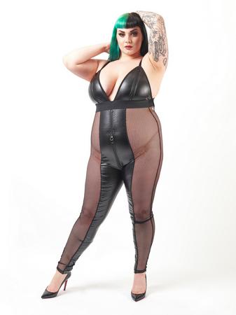Brand X Plus Size Slippery When Wet Fishnet and Wet Look Zip-Around Catsuit 