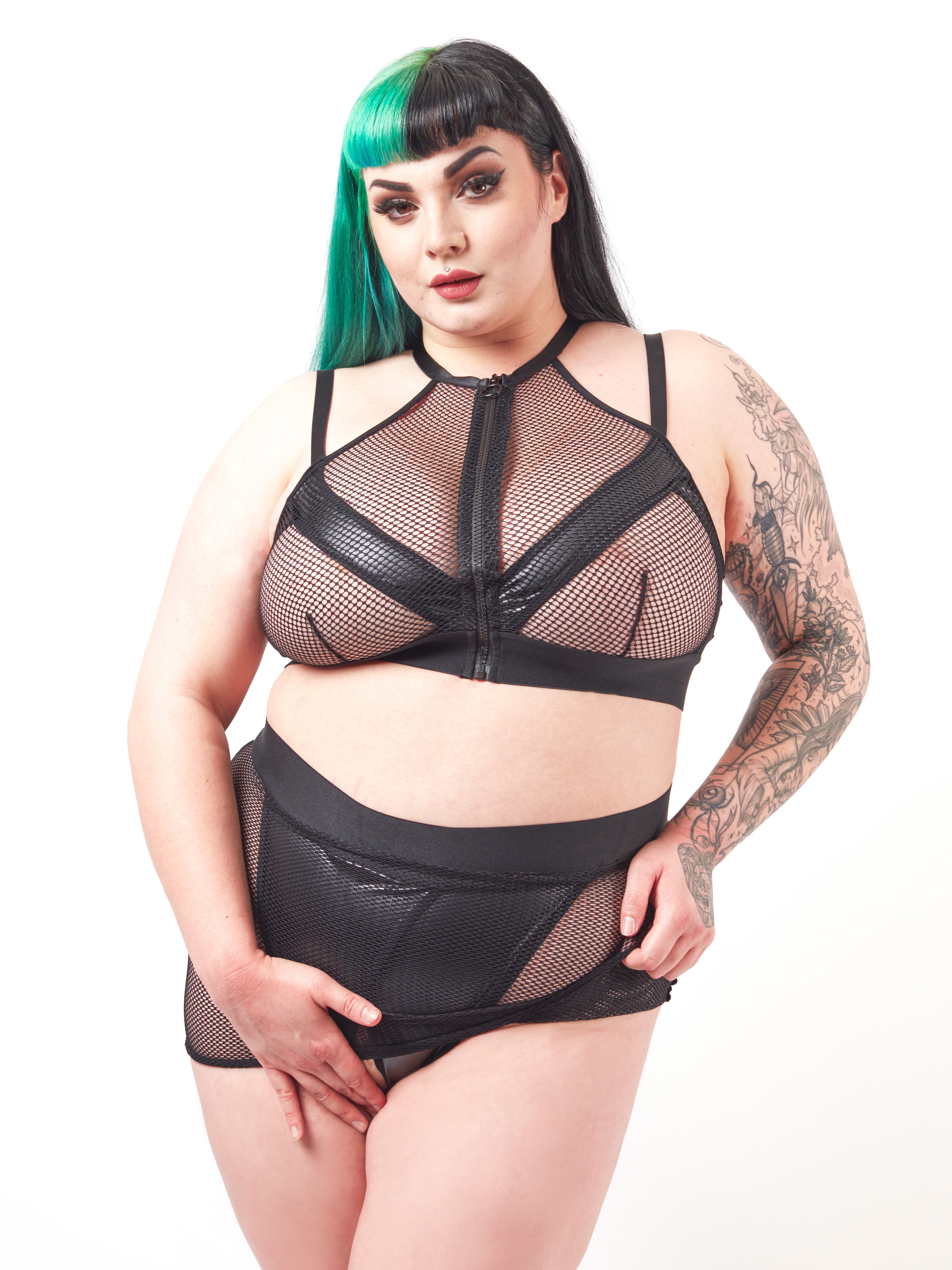 Brand X Split Decision Wet Look and Fishnet Bra and Skirt Set, Black, hi-res