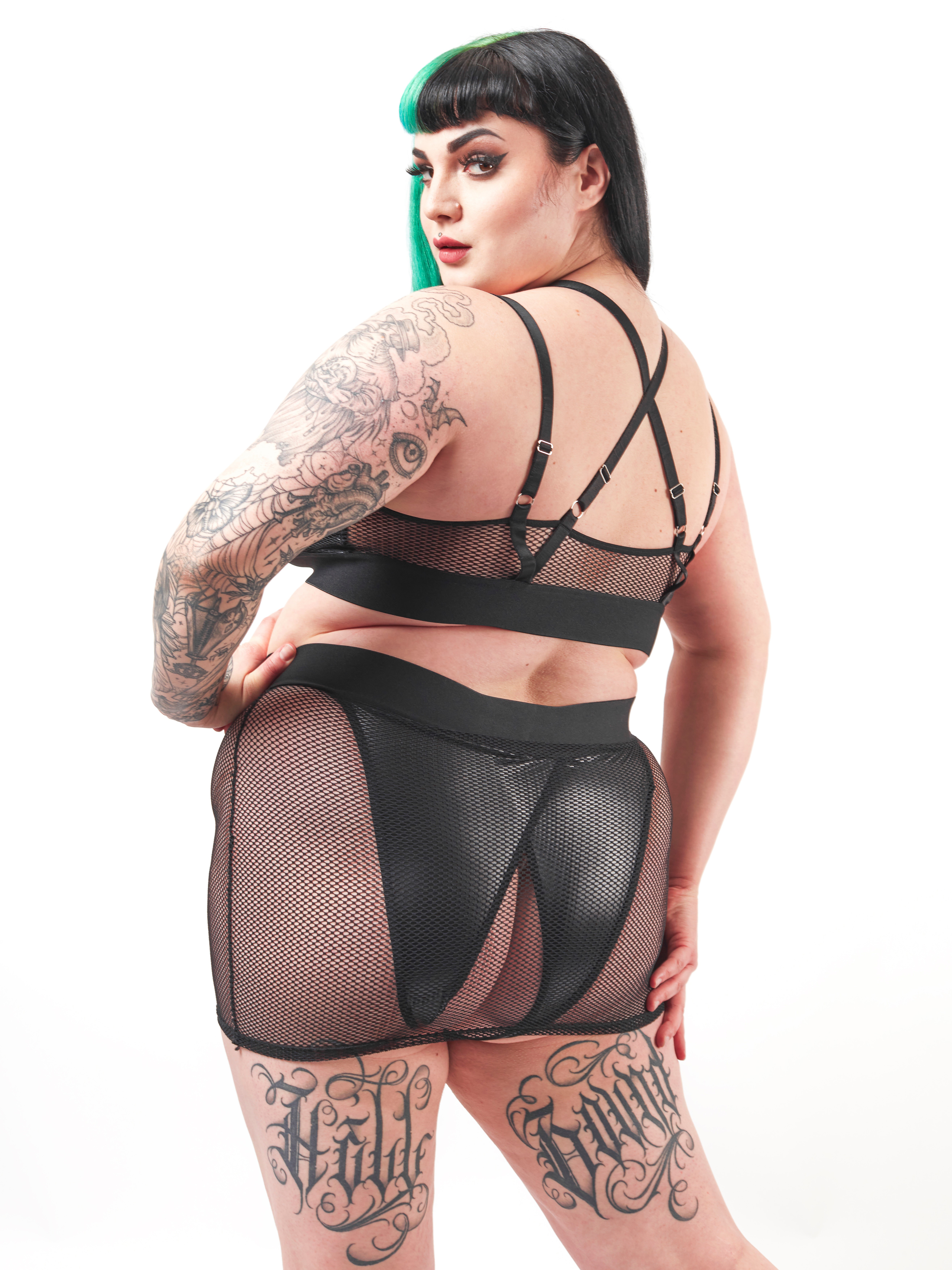 Brand X Split Decision Wet Look and Fishnet Bra and Skirt Set, Black, hi-res