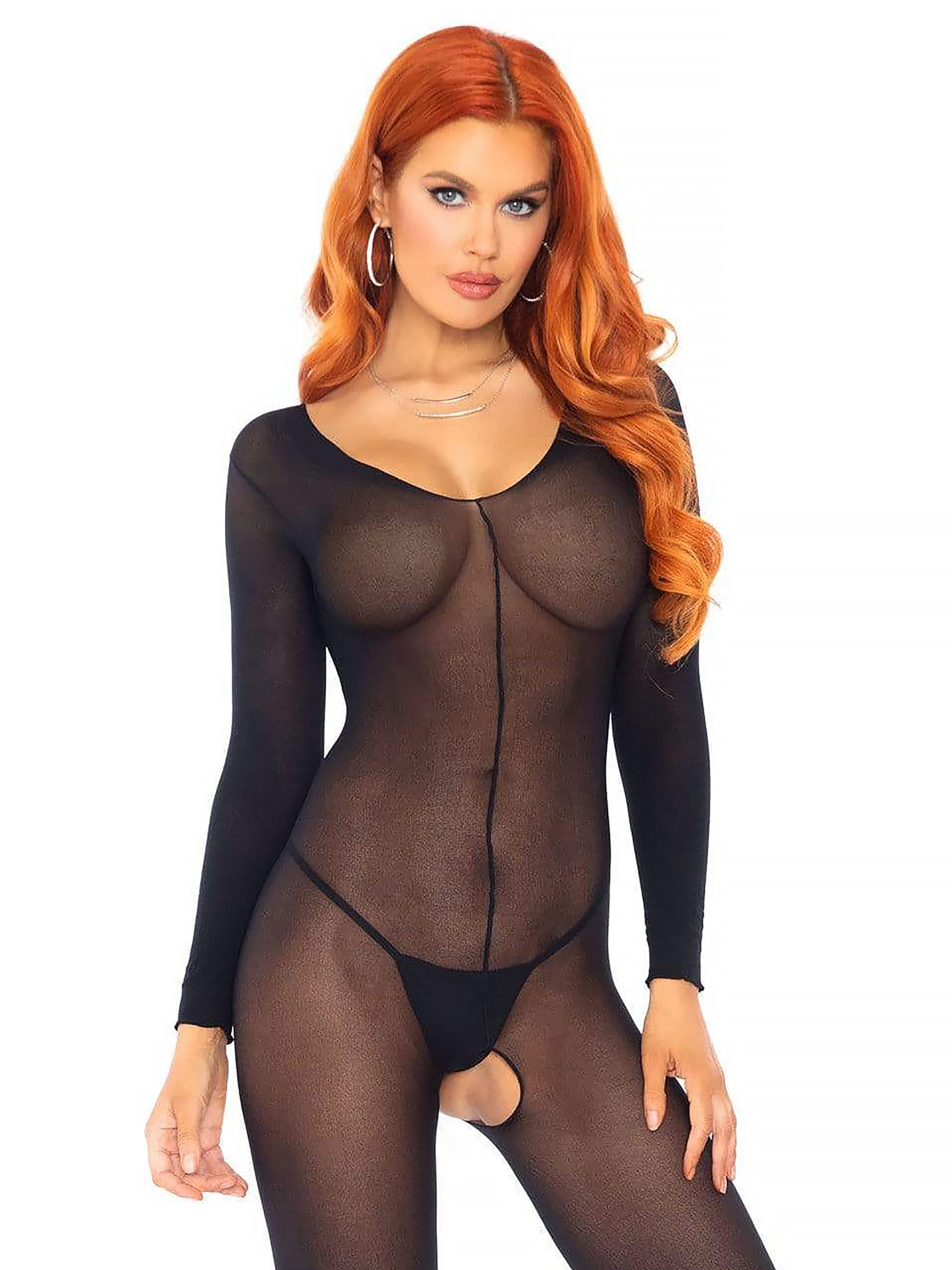 Leg Avenue Black Sheer Long Sleeve Crotchless Bodystocking, Black, hi-res