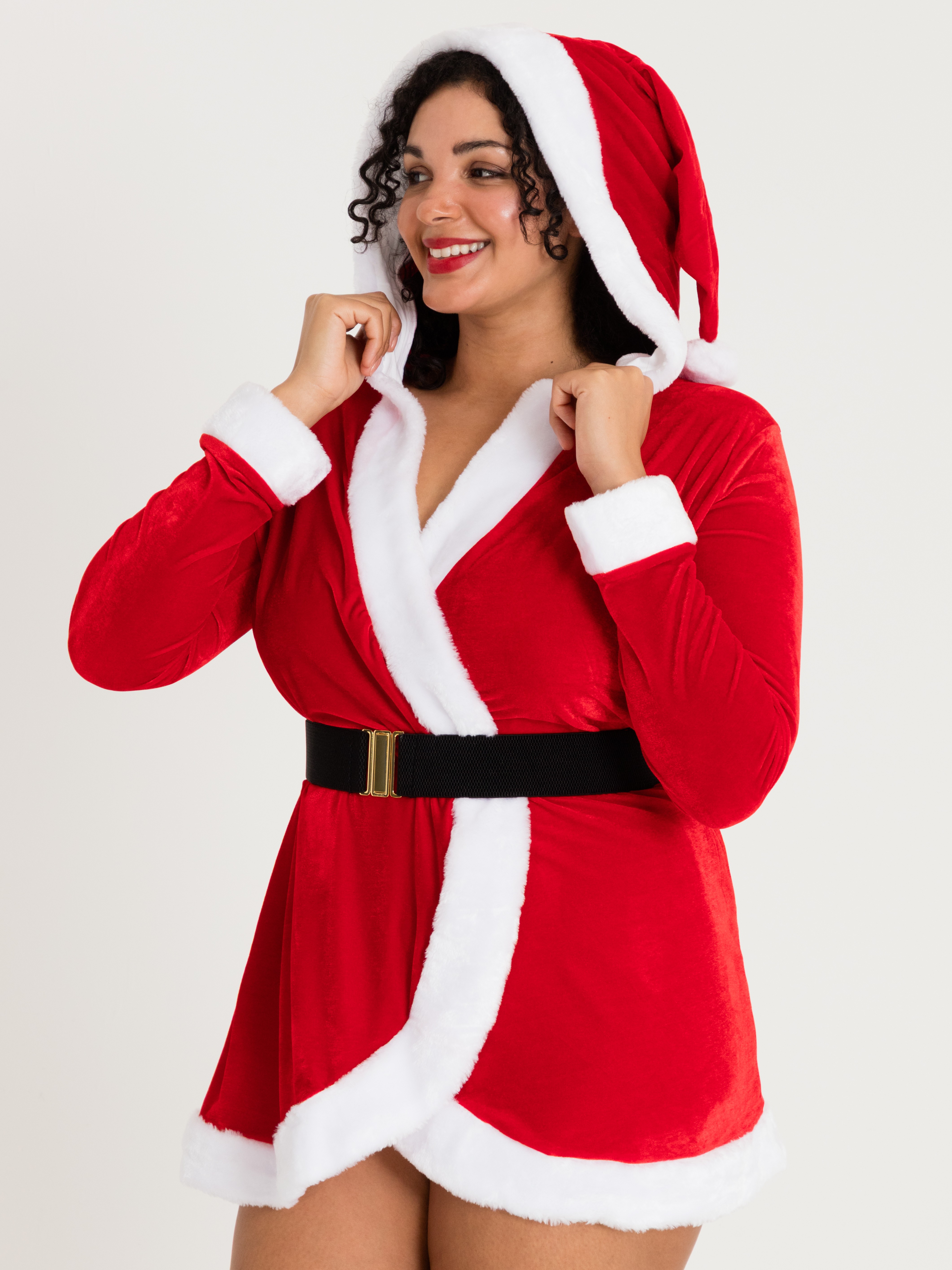 Lovehoney Fantasy Plus Size Santa Cutie Hooded Wrap Dress, Red, hi-res
