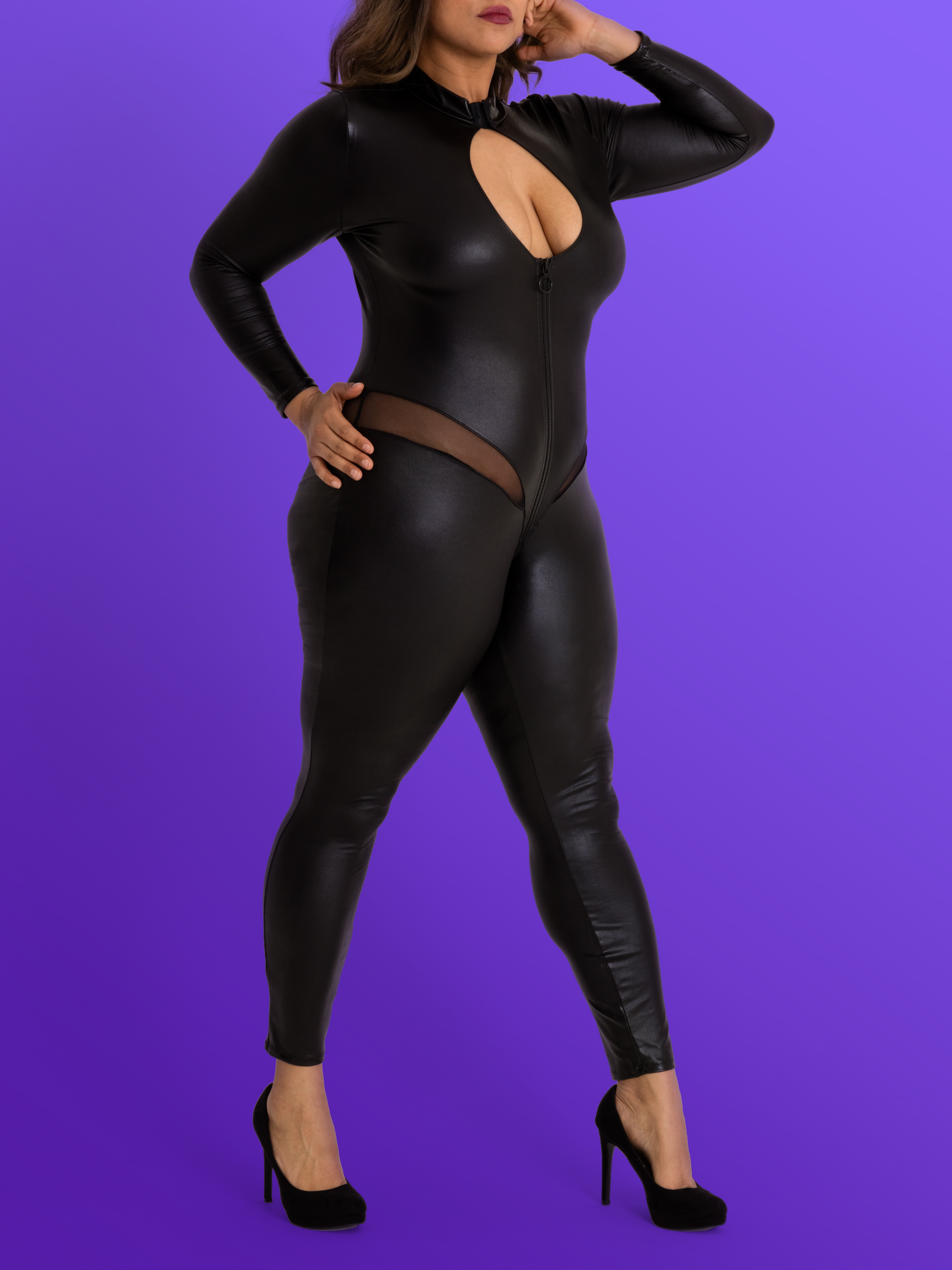 Lovehoney Fierce Wet Look Zipper Cut-Out Catsuit, Black, hi-res