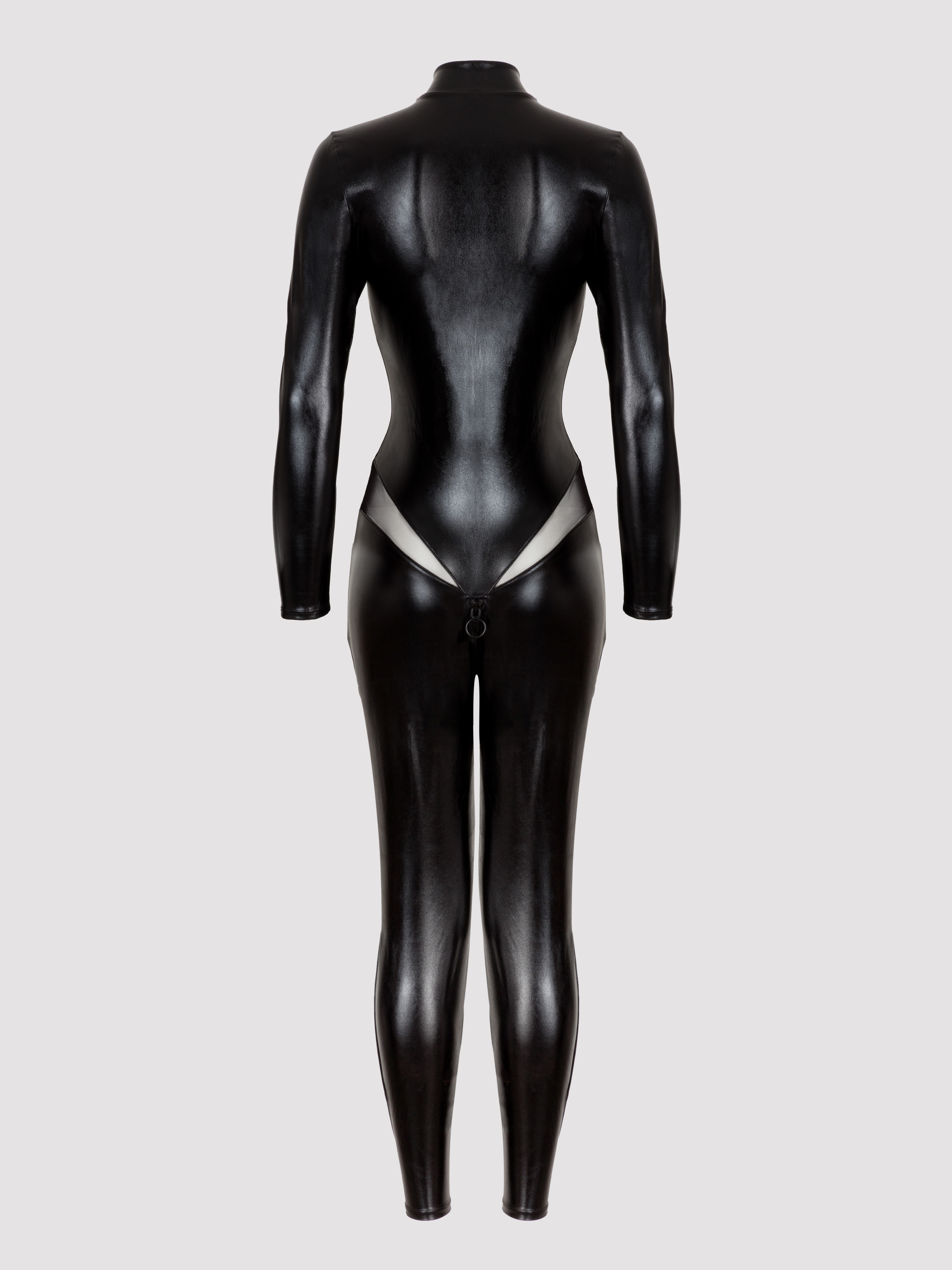 Lovehoney Fierce Wet Look Zipper Cut-Out Catsuit, Black, hi-res