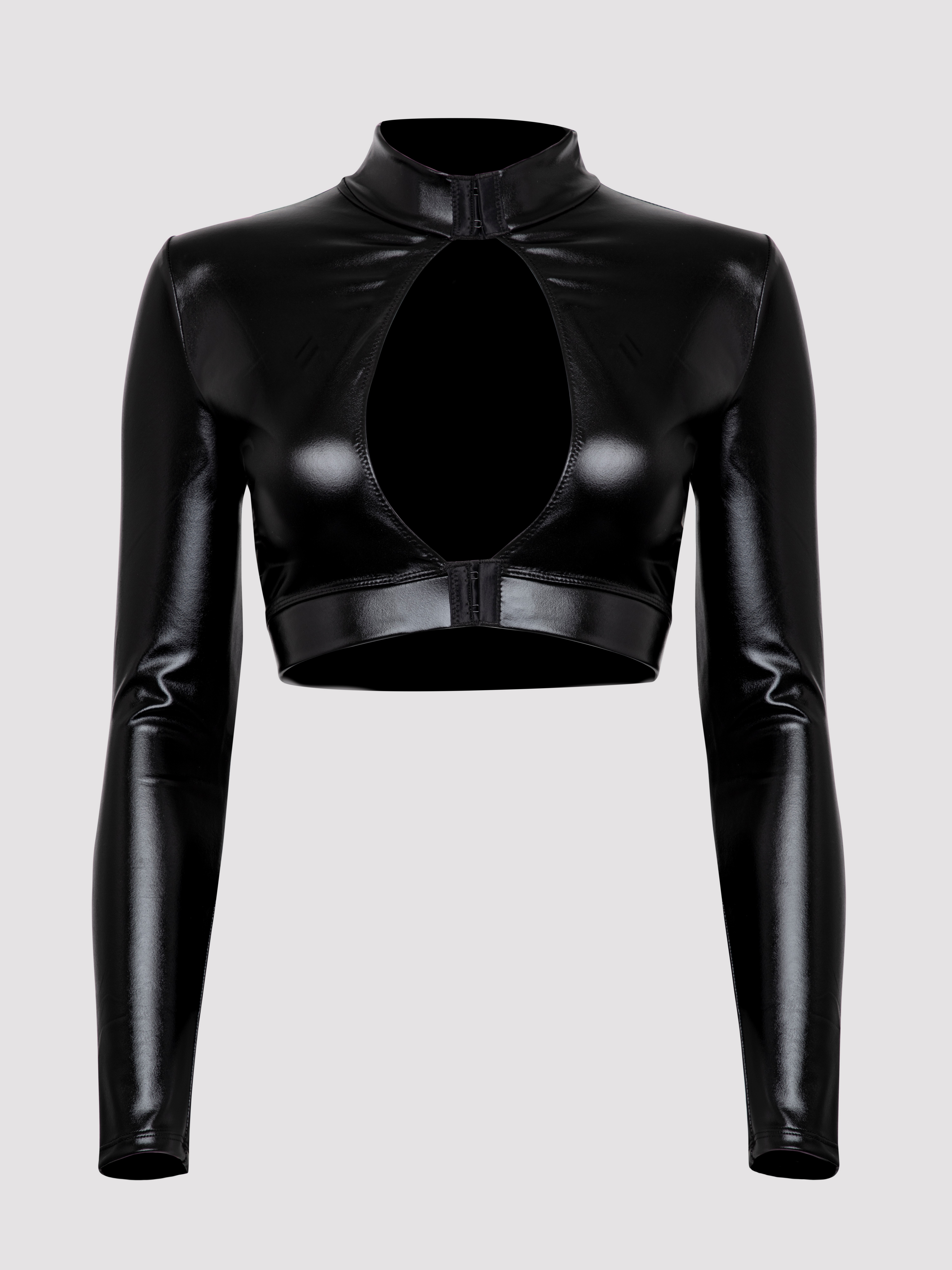 Lovehoney Fierce Wet Look Long Sleeve Cut-Out Crop Top, Black, hi-res