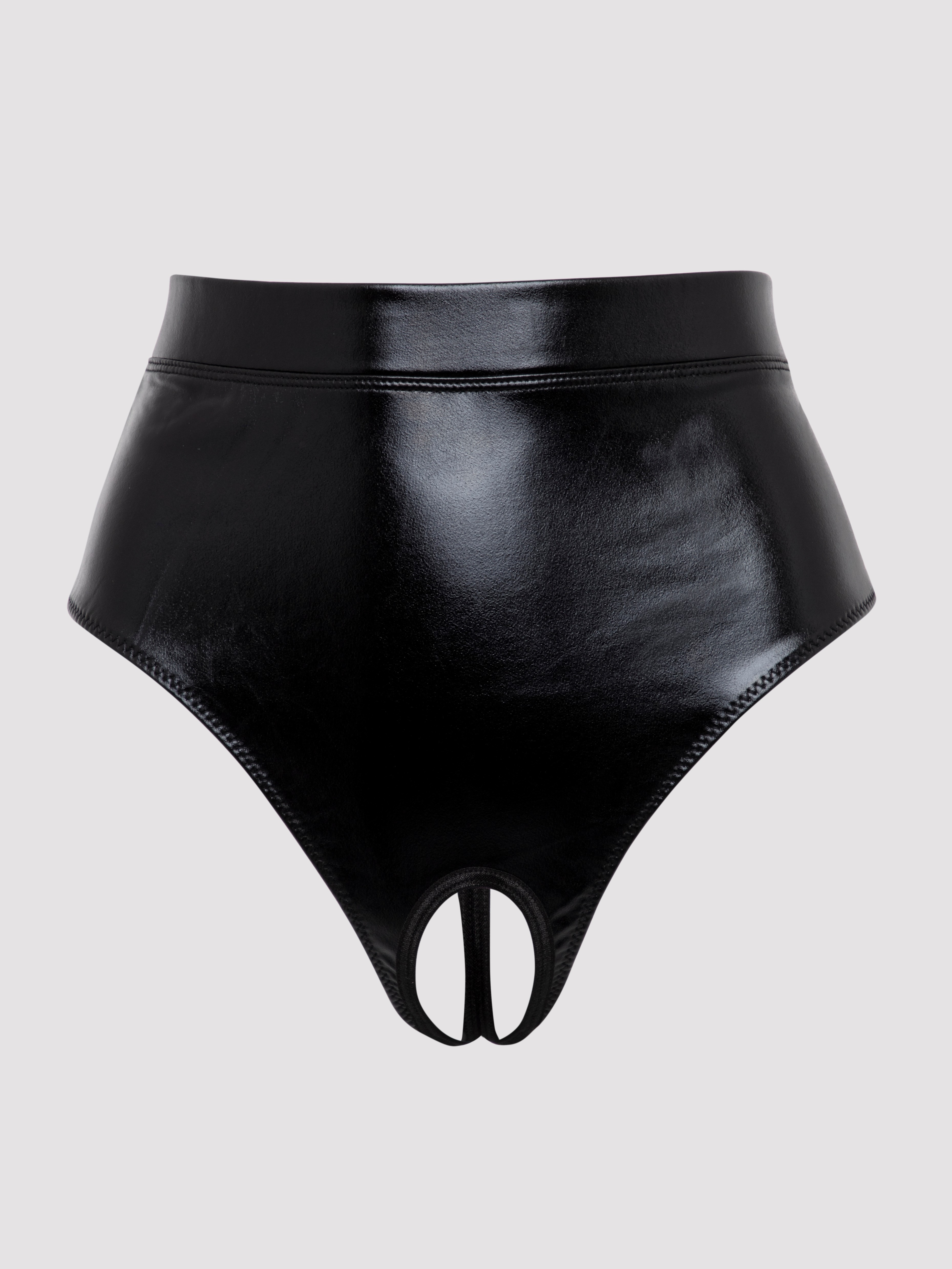 Lovehoney Fierce Wet Look Cut-Out Crotchless Thong, Black, vanilla