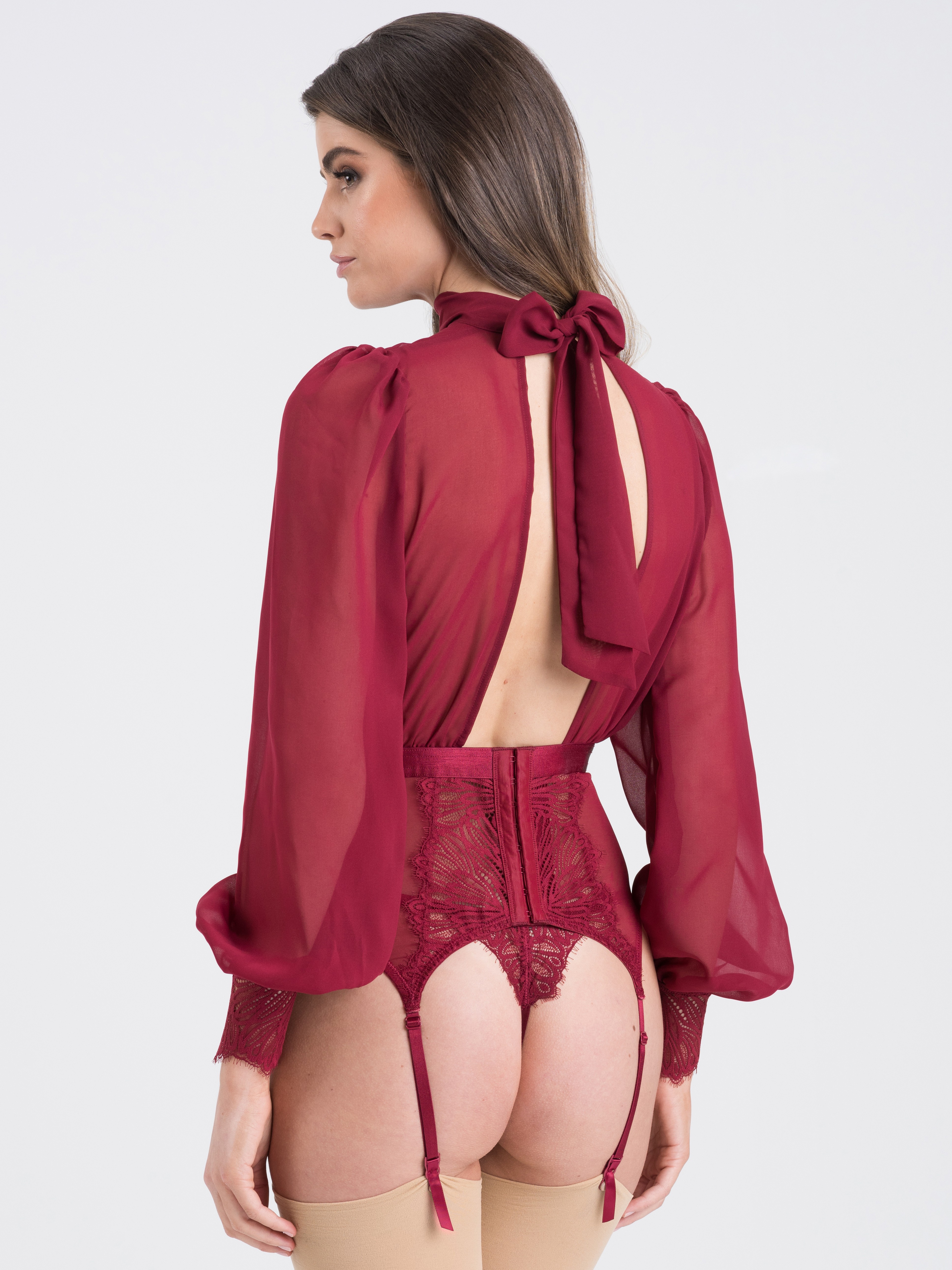 Fifty Shades of Grey Captivate Wine Chiffon High Neck Basque Set, Red, hi-res