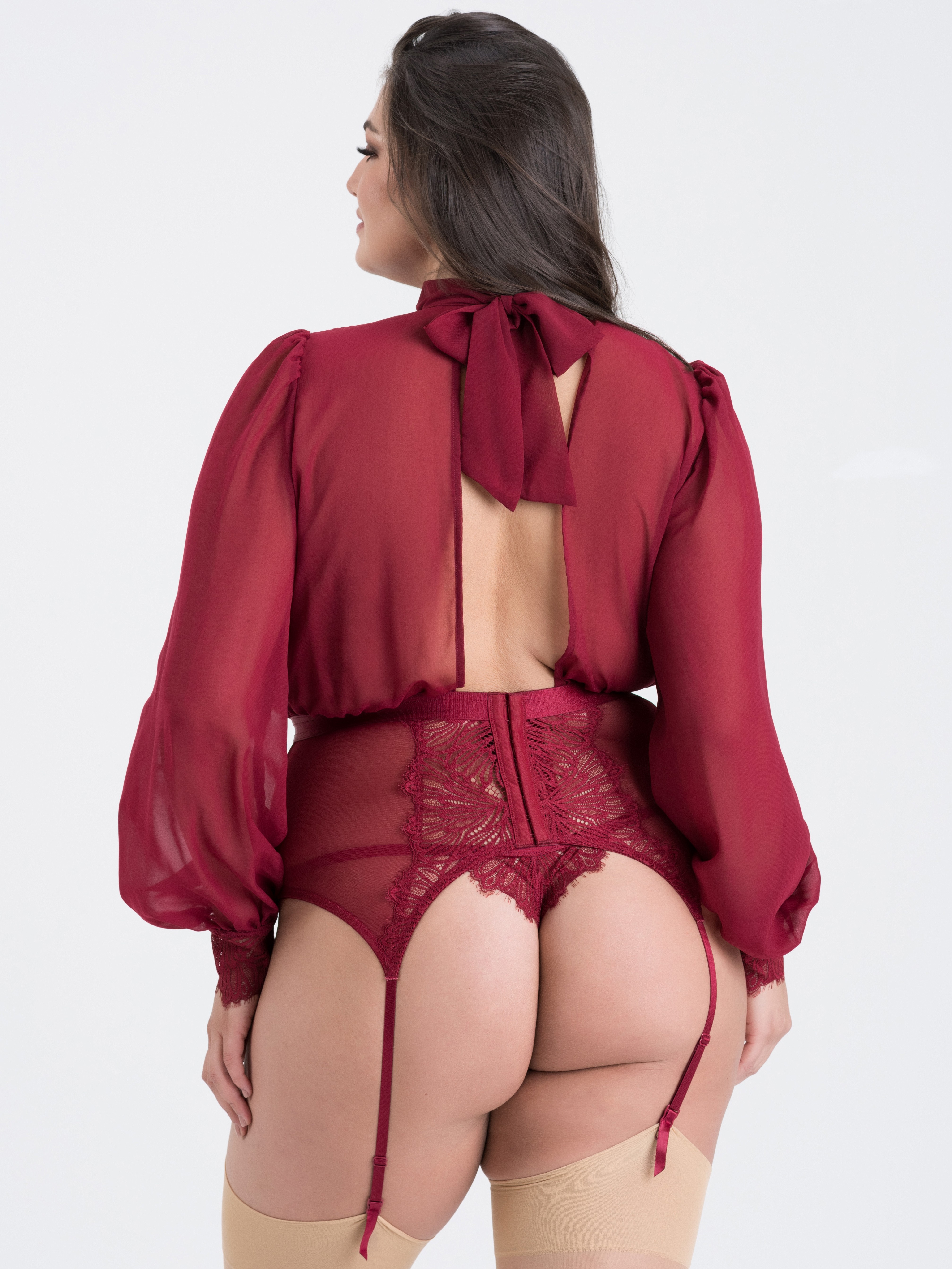 Fifty Shades of Grey Captivate Wine Chiffon High Neck Basque Set, Red, hi-res