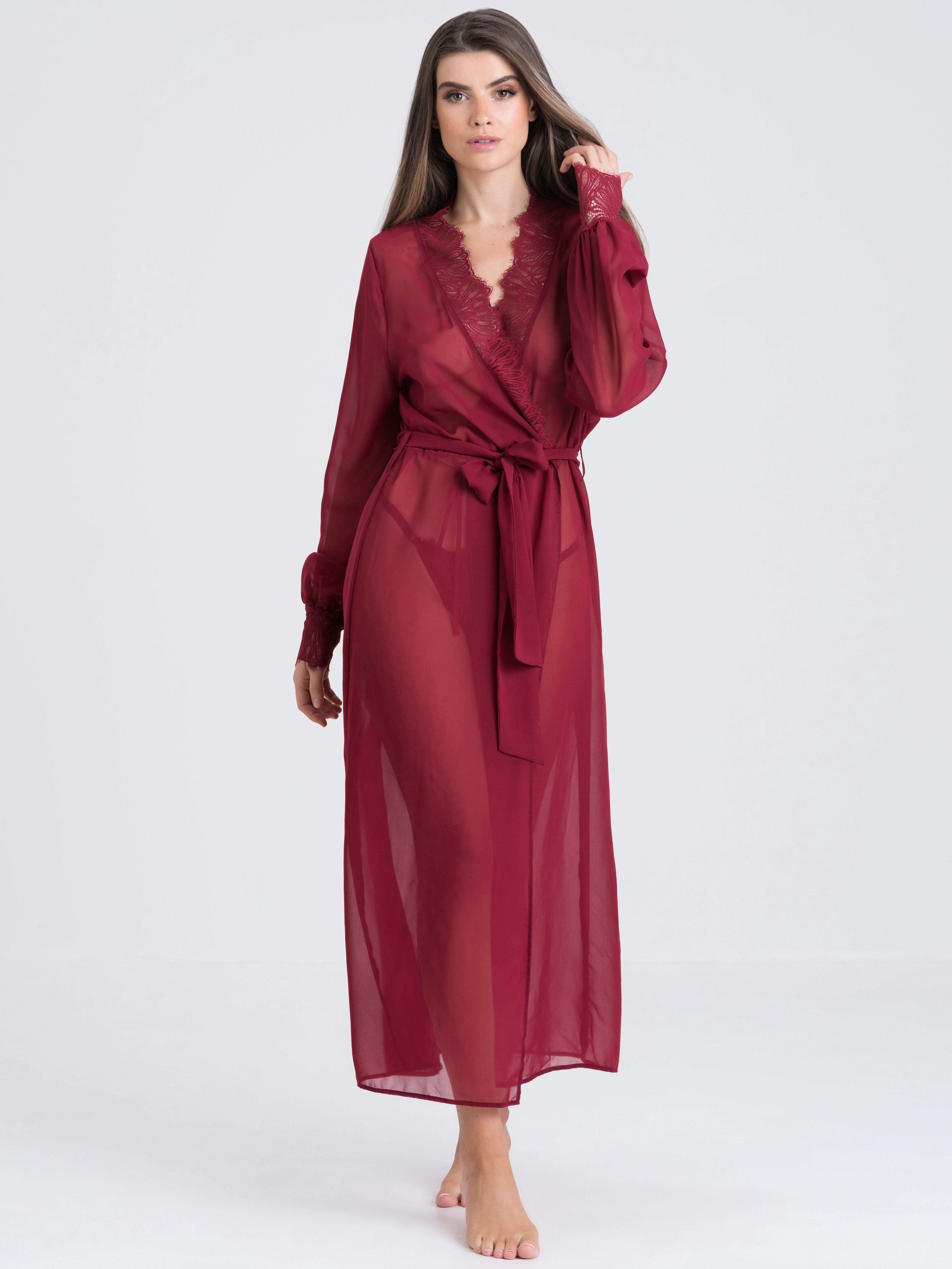 Fifty Shades of Grey Captivate Wine Chiffon and Lace Robe, Red, hi-res
