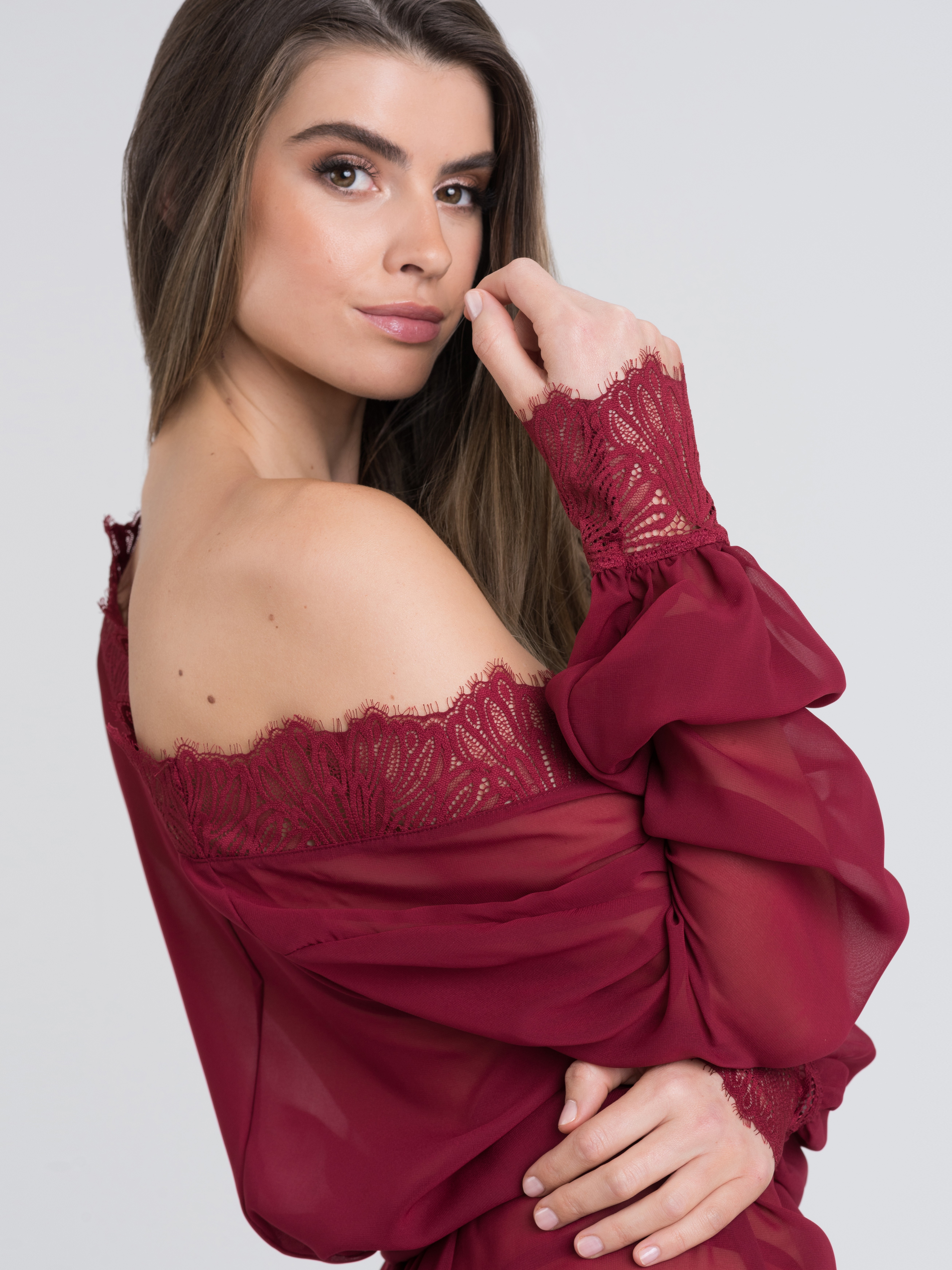 Fifty Shades of Grey Captivate Wine Chiffon and Lace Robe, Red, hi-res