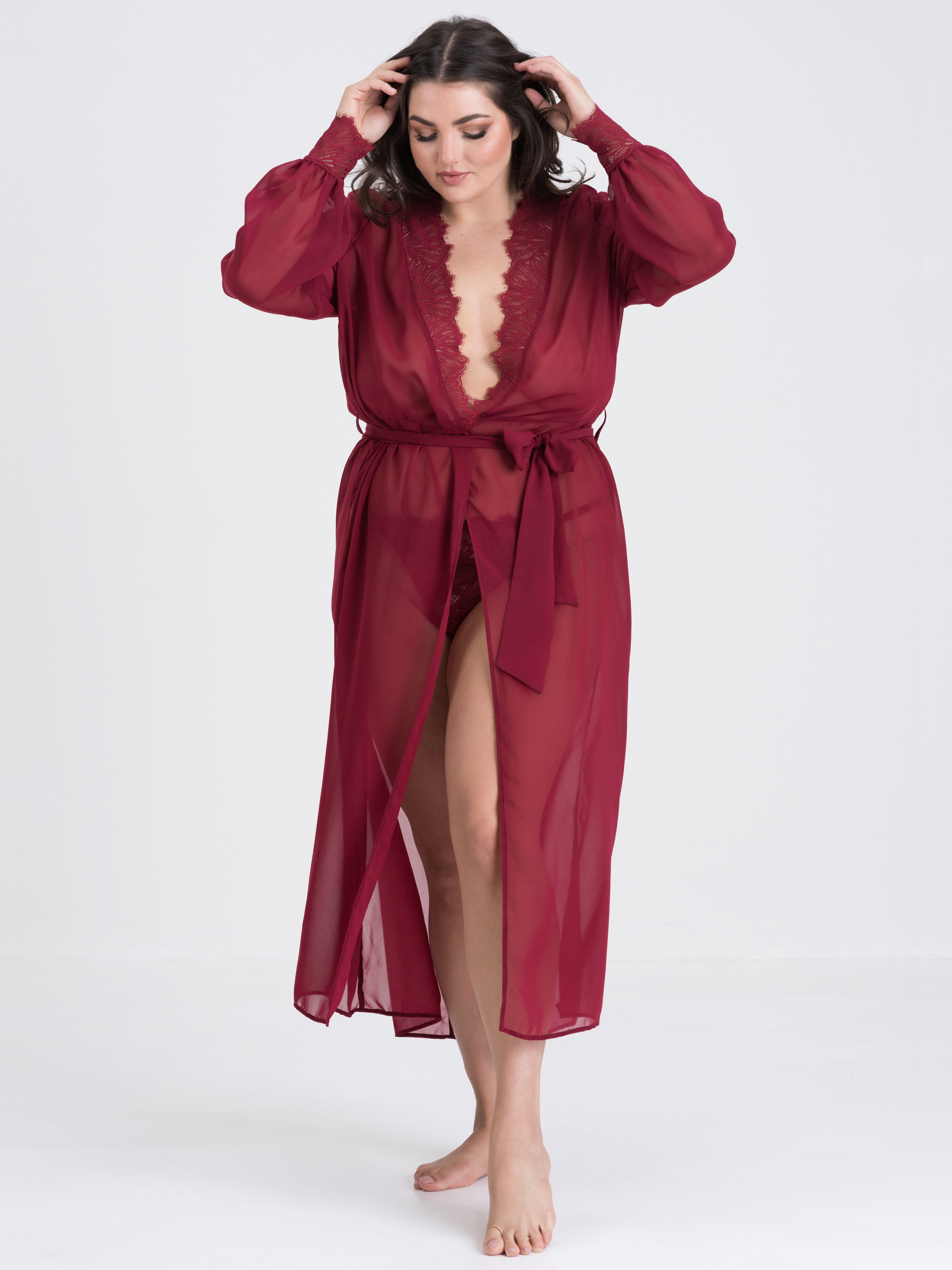 Fifty Shades of Grey Captivate Plus Size Wine Chiffon and Lace Robe, Red, hi-res