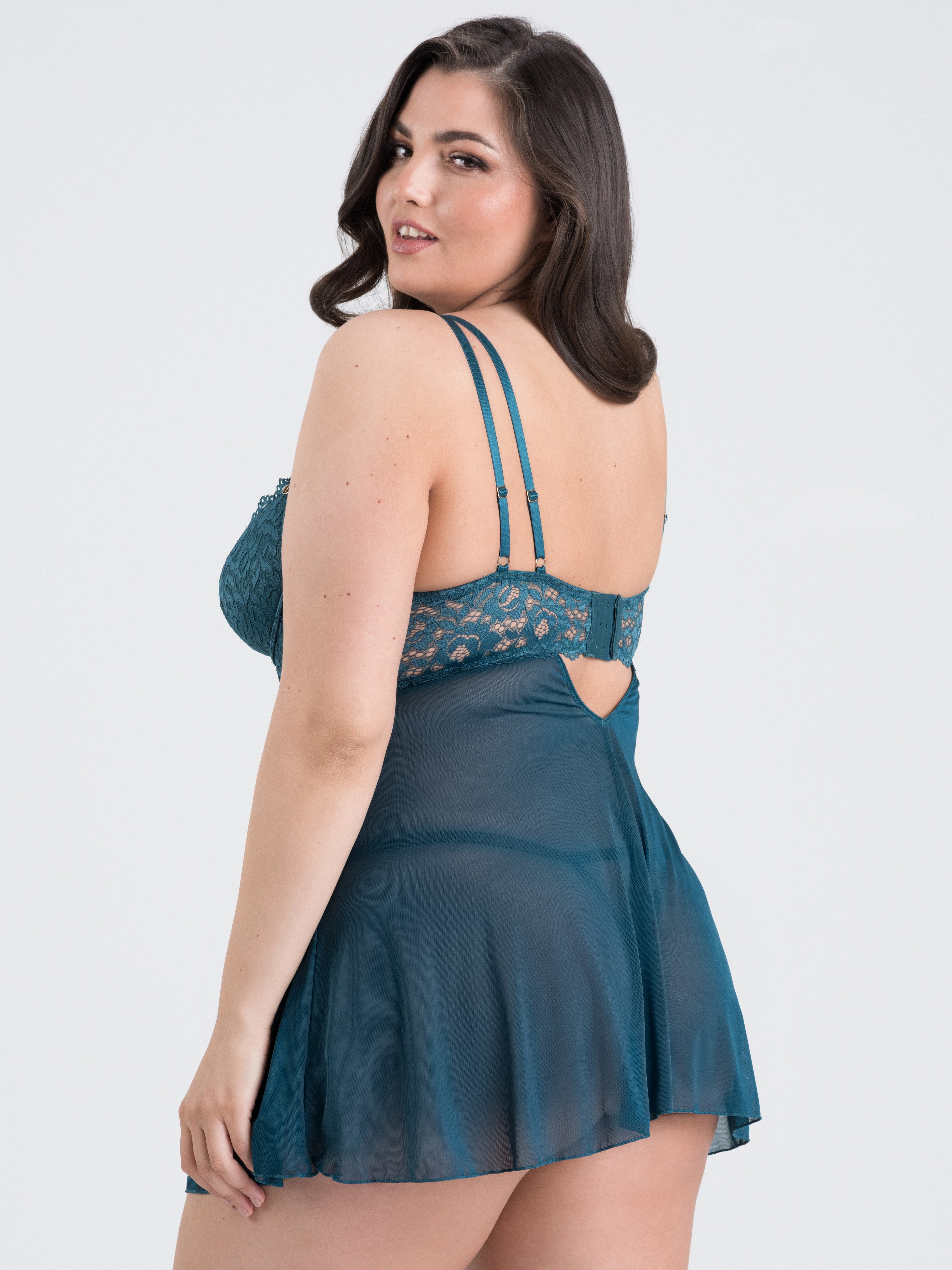 Lovehoney Parisienne Teal Lace Plunge Babydoll Set, Green, hi-res