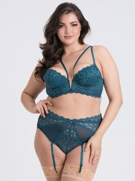 Lovehoney Plus Size Parisienne Teal Plunge Longline Bra and Crotchless Thong Set