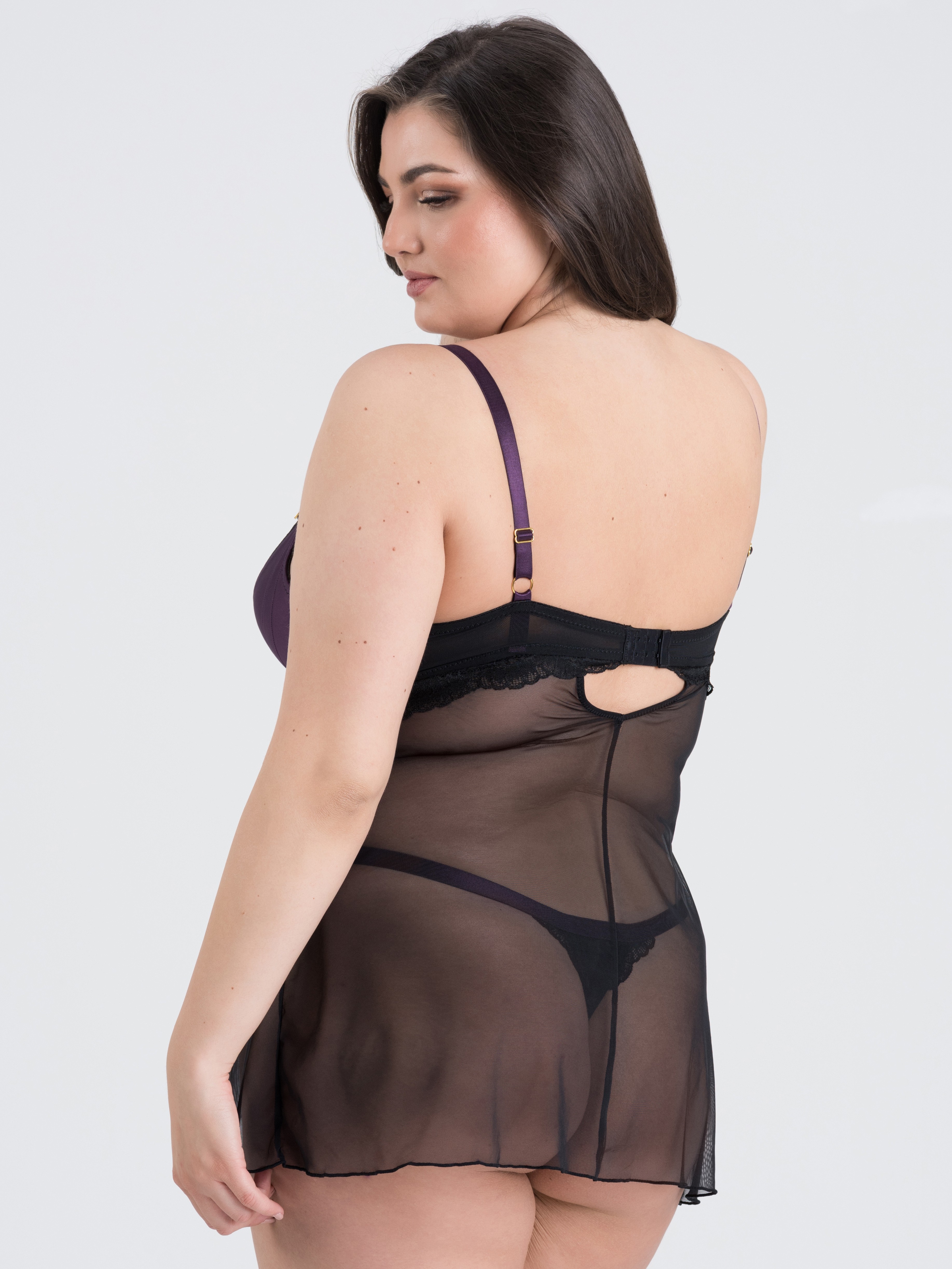 Lovehoney Plus Size Empress Purple Satin and Lace Chemise Set , Purple, hi-res