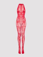 Lovehoney Lace and Fishnet Crotchless Basque Bodystocking, Red, hi-res