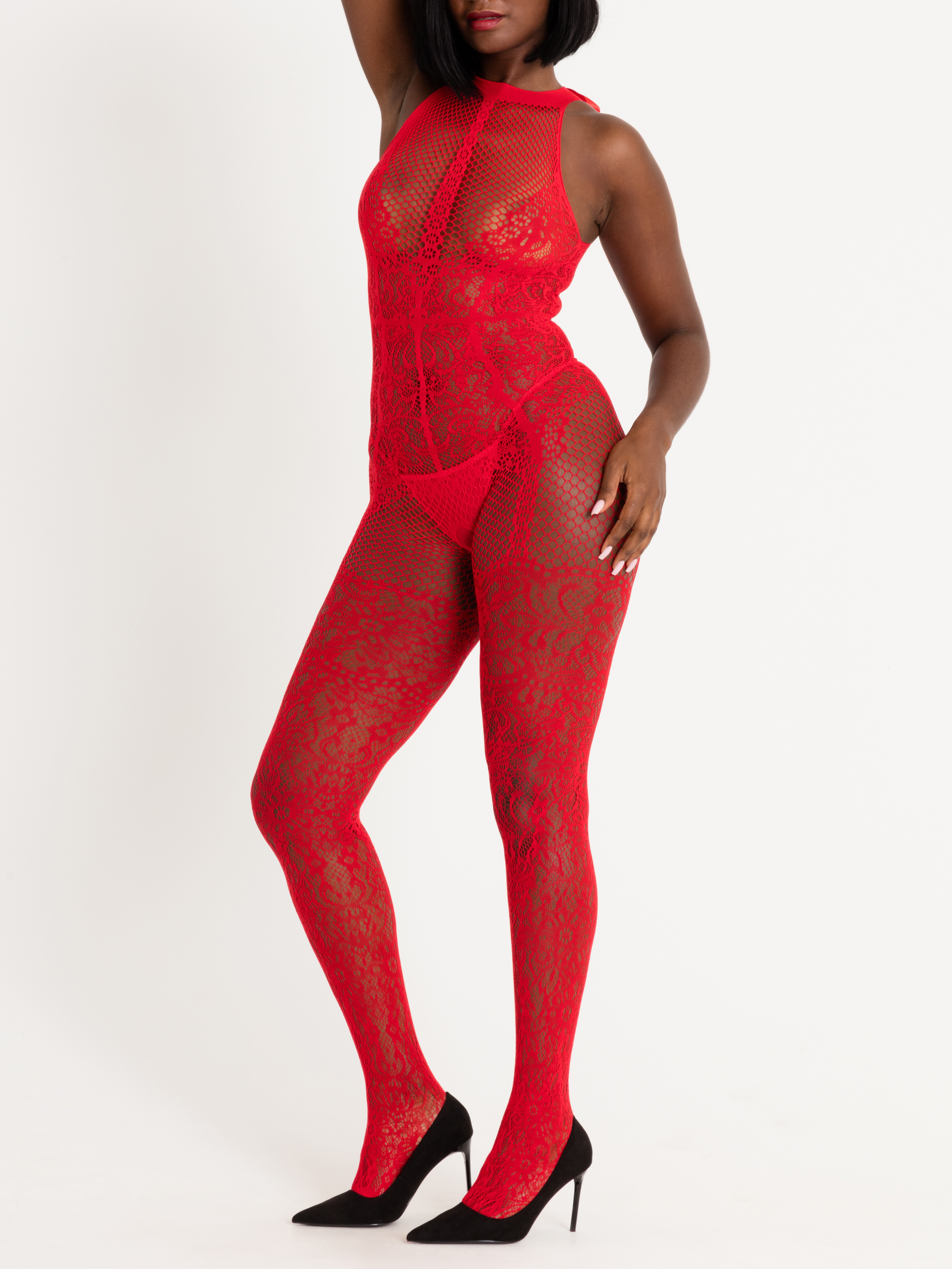 Lovehoney Lace and Fishnet Crotchless Basque Bodystocking, Red, vanilla