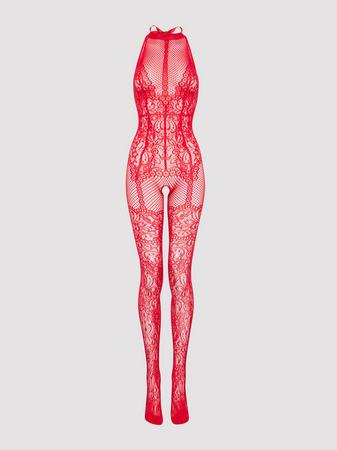 Lovehoney Plus Size Red Lace Crotchless Basque Bodystocking