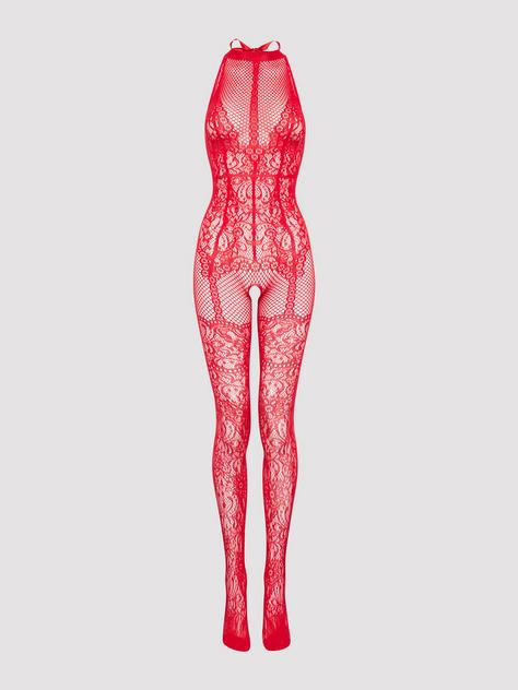 Lovehoney Plus Size Red Lace Crotchless Basque Bodystocking, Red, hi-res