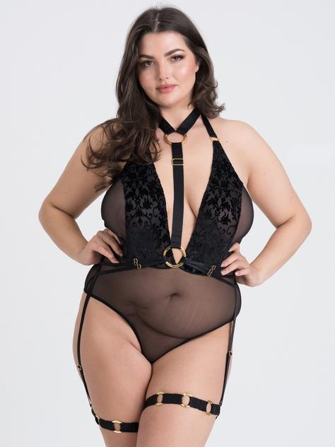 Fifty Shades of Grey Captivate Plus Size Black Flocked Mesh Harness Teddy, Black, hi-res