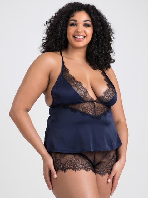 Lovehoney Plus Size Dark Orchid Navy Satin and Lace Cami Set, Blue, hi-res