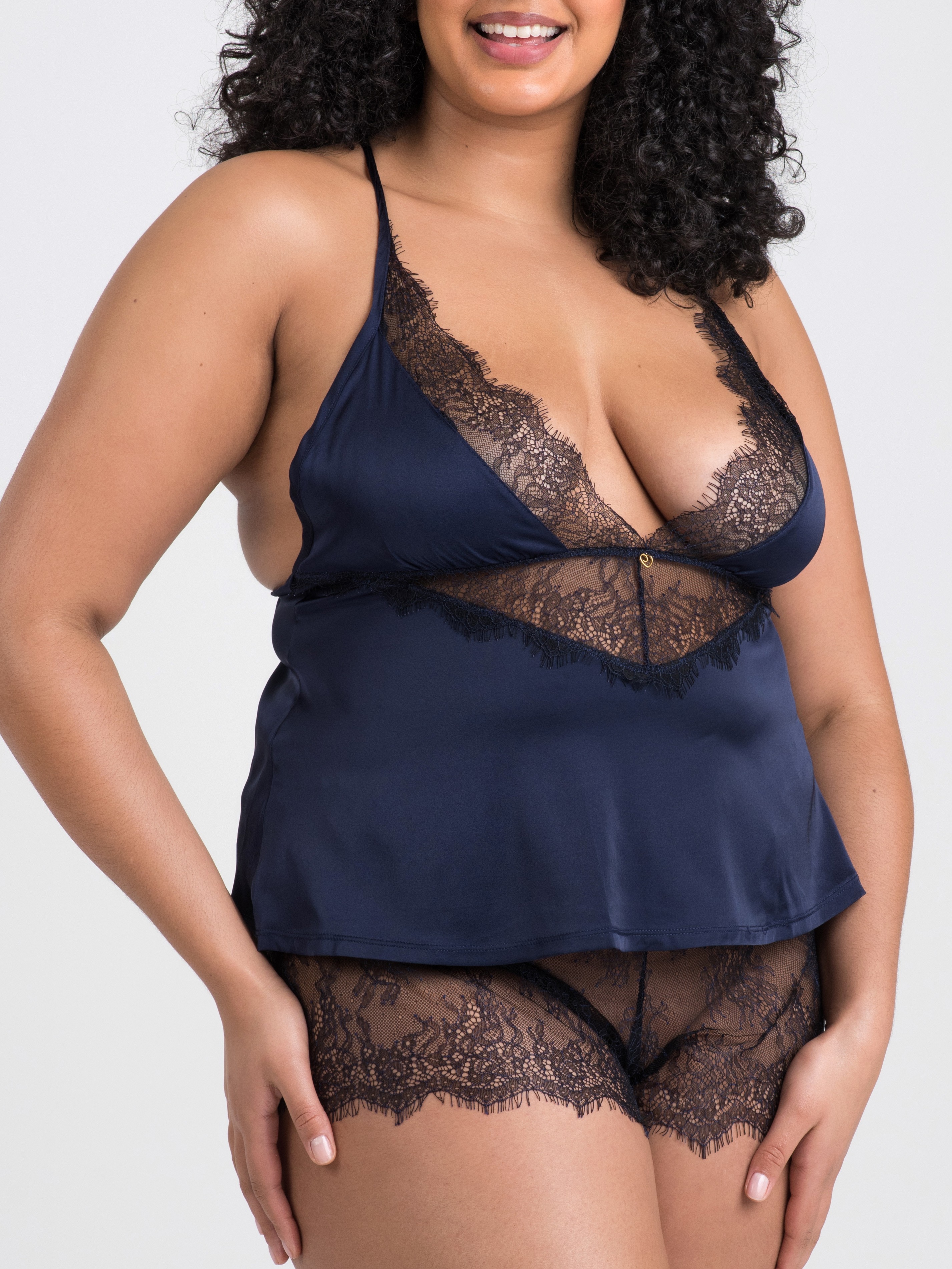 Lovehoney Plus Size Dark Orchid Navy Satin and Lace Cami Set, Blue, vanilla