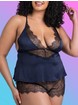 Lovehoney Plus Size Dark Orchid Navy Satin and Lace Cami Set, Blue, hi-res