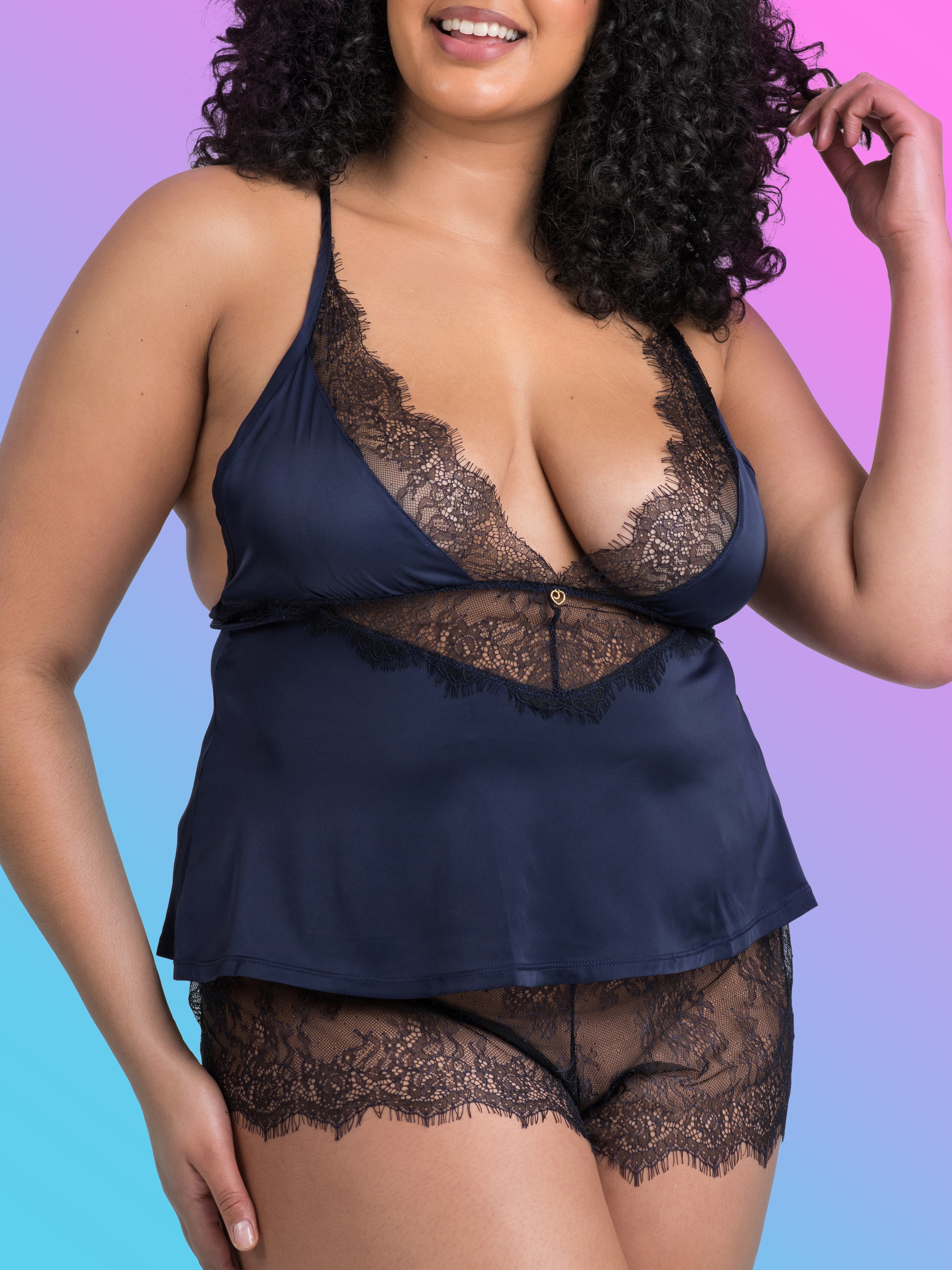 Lovehoney Dark Orchid Navy Satin and Lace Cami Set, Blue, vanilla