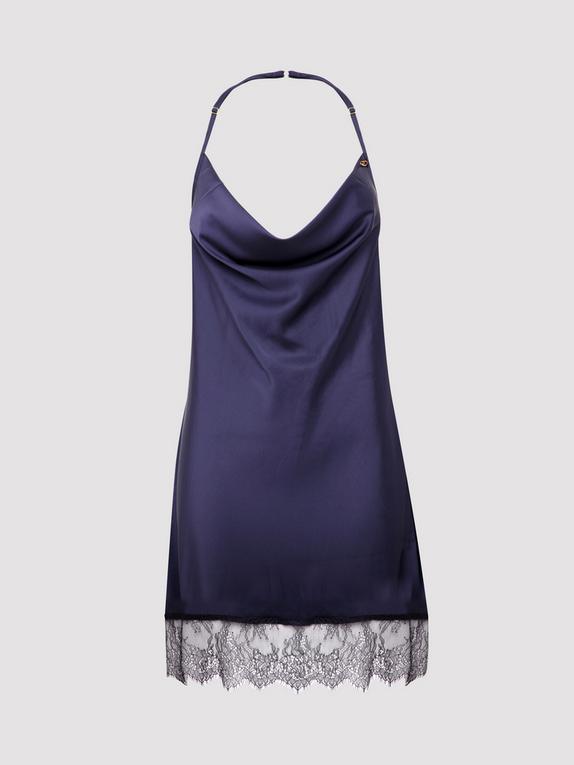 Lovehoney Dark Orchid Navy Satin and Lace Chemise, Blue, hi-res