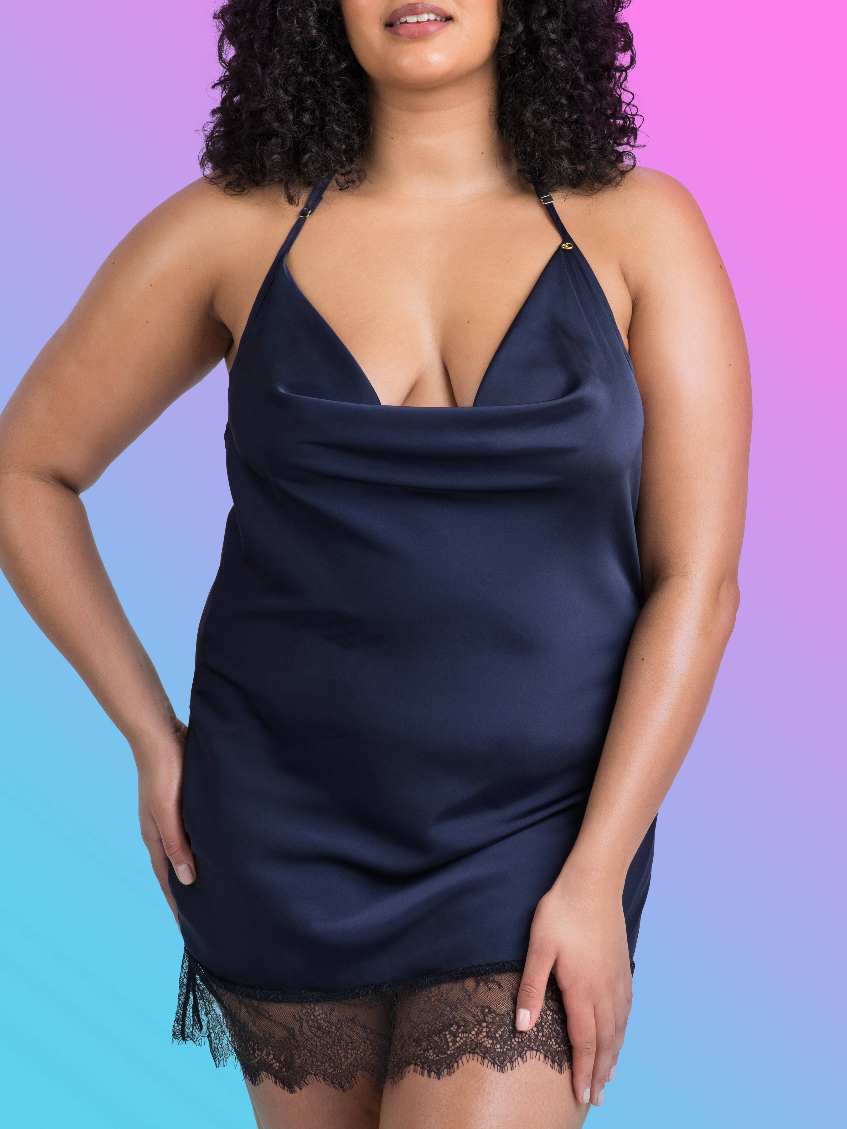Lovehoney Dark Orchid Navy Satin and Lace Chemise, Blue, vanilla