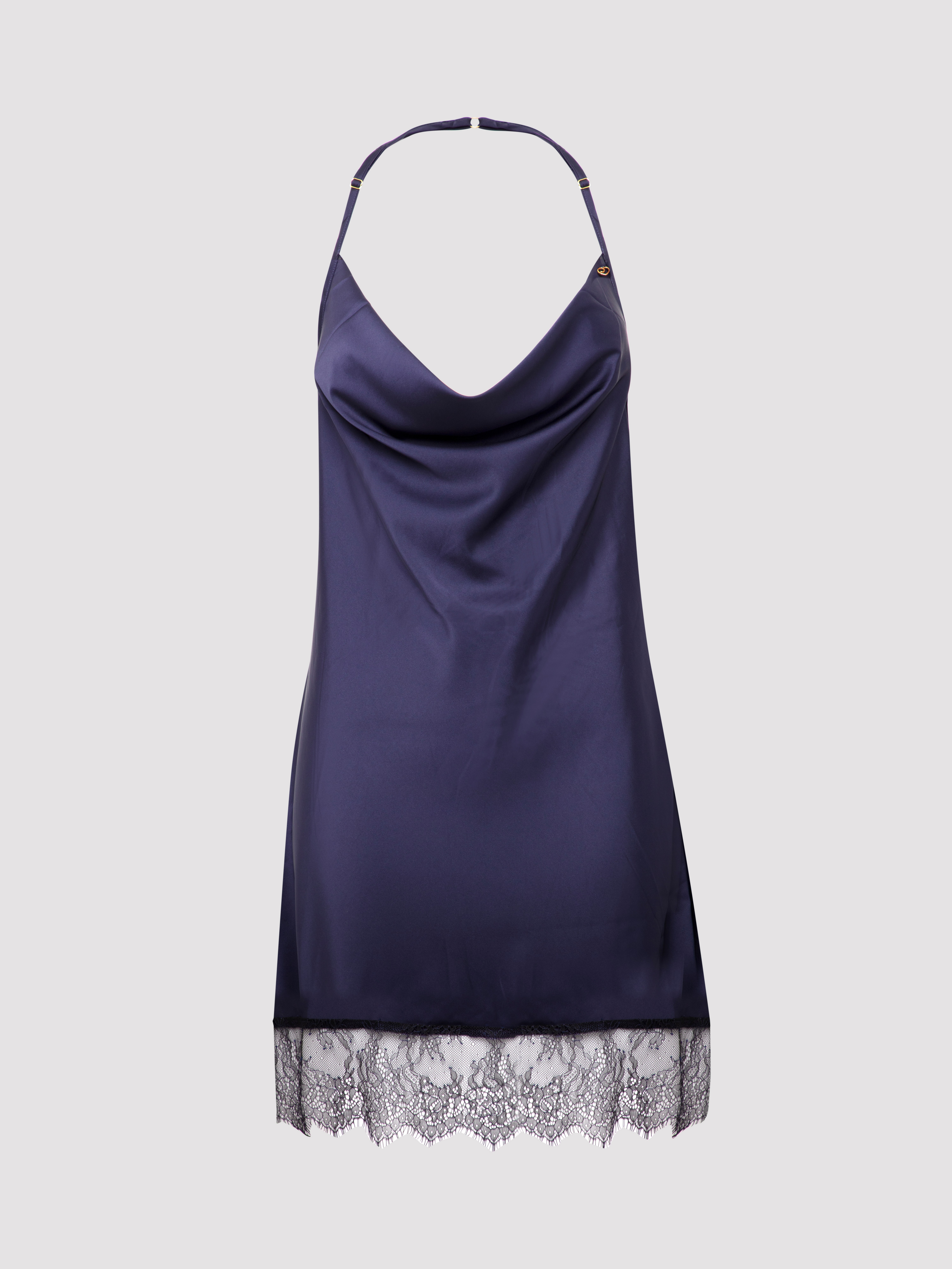 Lovehoney Dark Orchid Navy Satin and Lace Chemise, Blue, vanilla